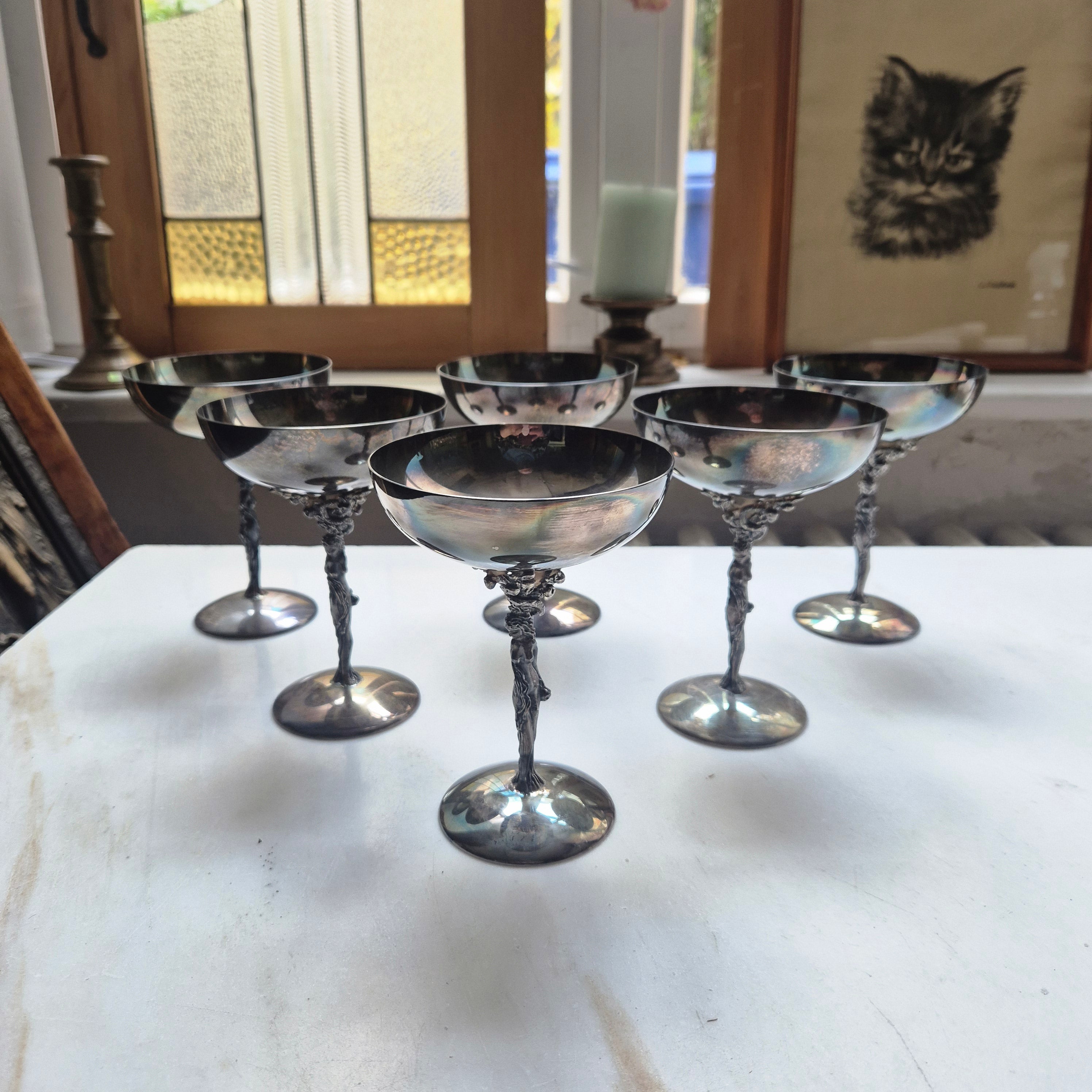 6x Dekorative Jugendstil Champagner Metallkelche versilbert - zum aufpolieren! "Eva mit Apfelbaum"