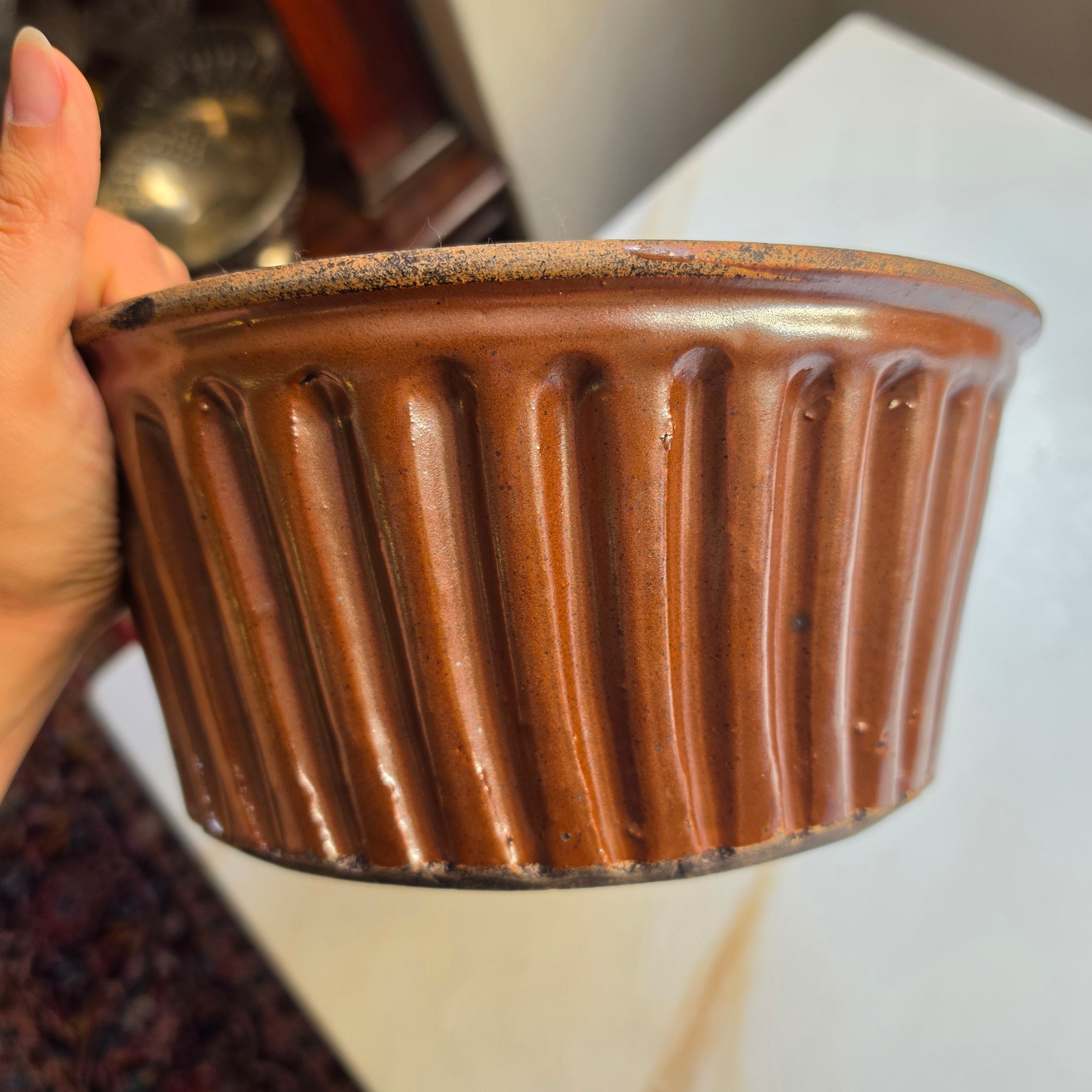 Antike Große Keramik Backform Kuchenform braun Kranz Gugelhupf