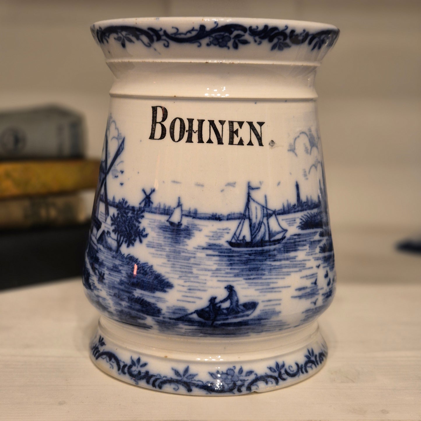Antike H.H & Cie Delft Vorratsdose ohne Deckel blau weiß 120Jahre alt Kochlöffelhalter Aufschrift "Bohnen"