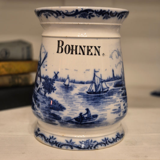 Antike H.H & Cie Delft Vorratsdose ohne Deckel blau weiß 120Jahre alt Kochlöffelhalter Aufschrift "Bohnen"