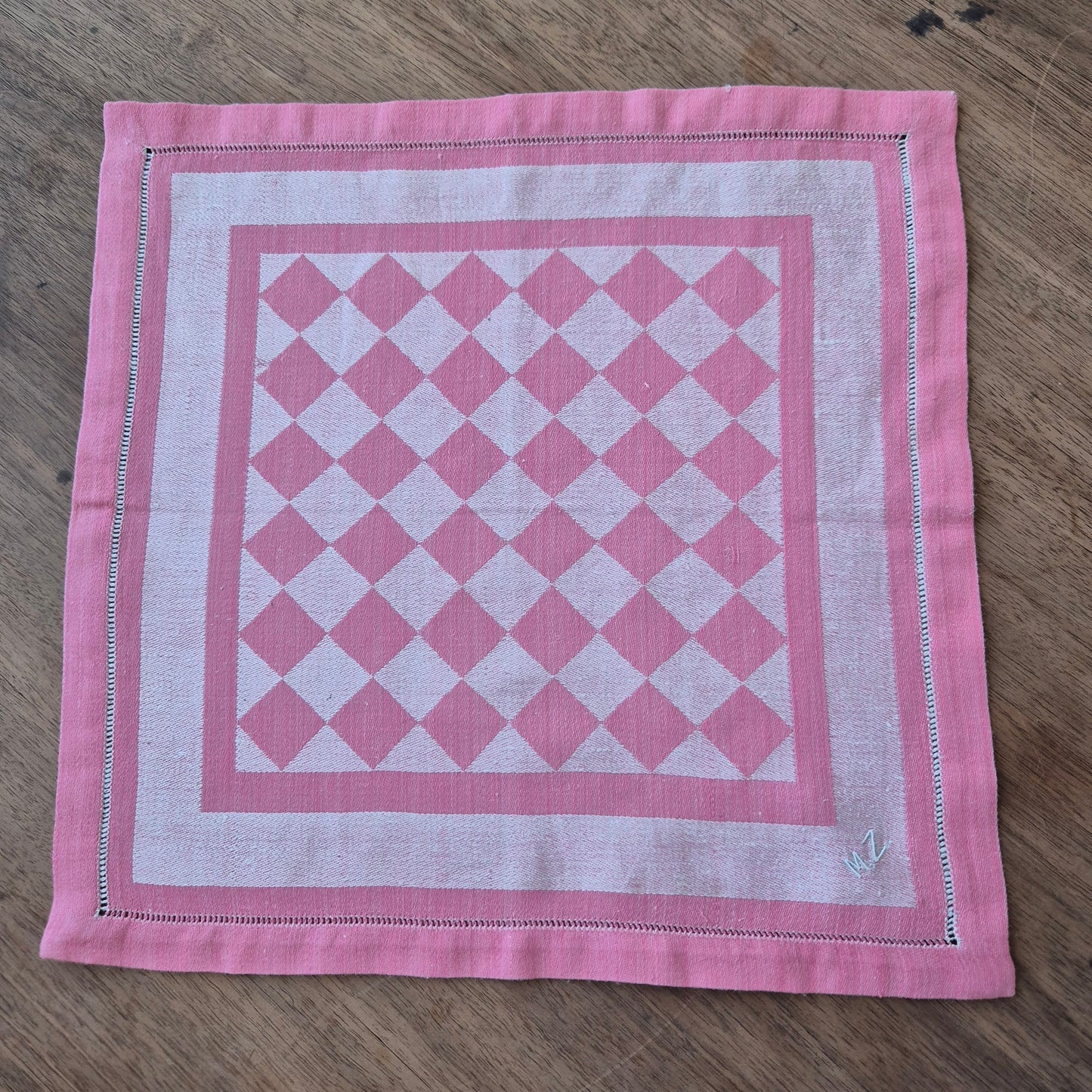 Vintage Rosa weiße Stoff Serviette Einstecktuch Monogramm M.Z 34x34cm Baumwolle