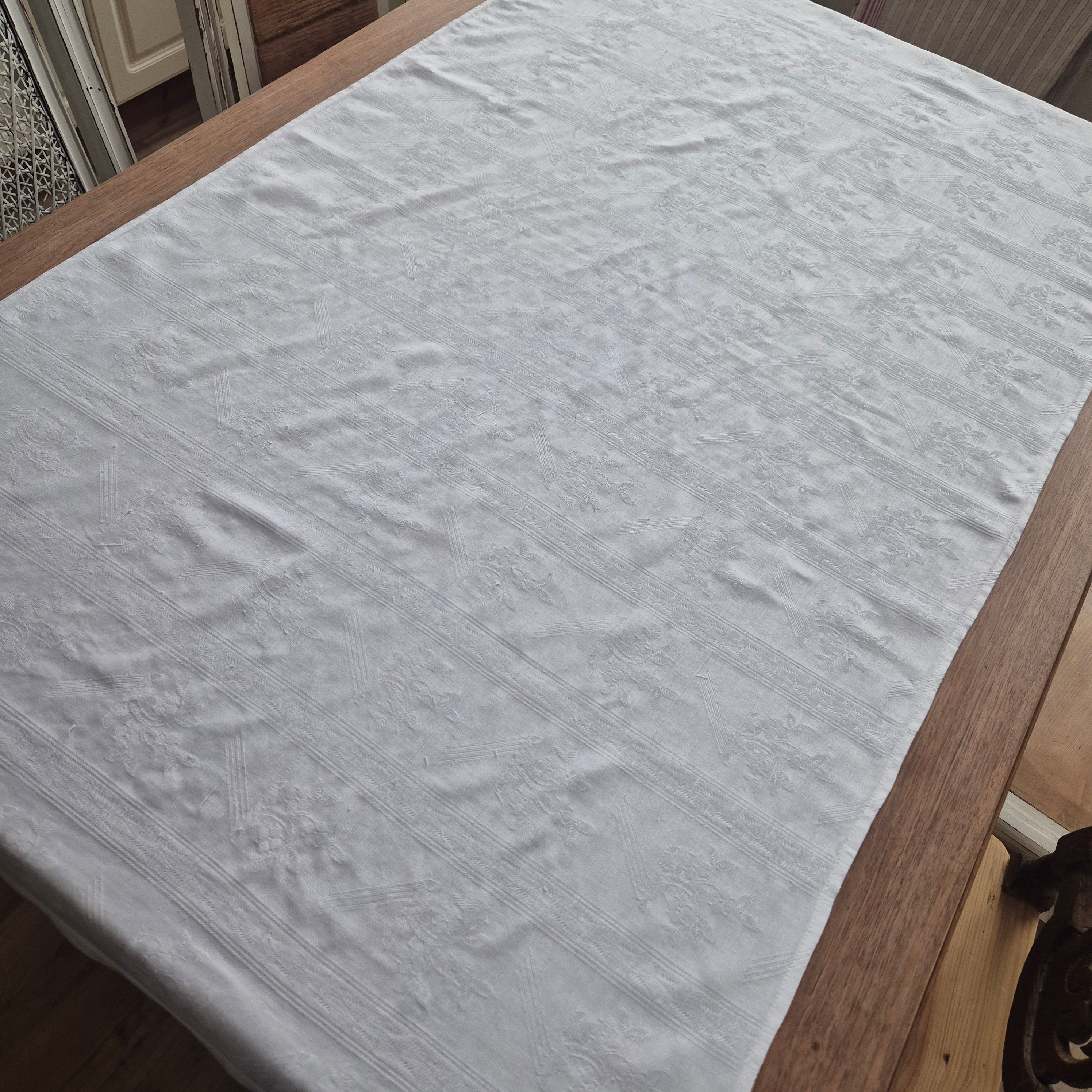 Vintage Tischdecke Tuch weiß 74x 130cm Damast weiß Baumwolle