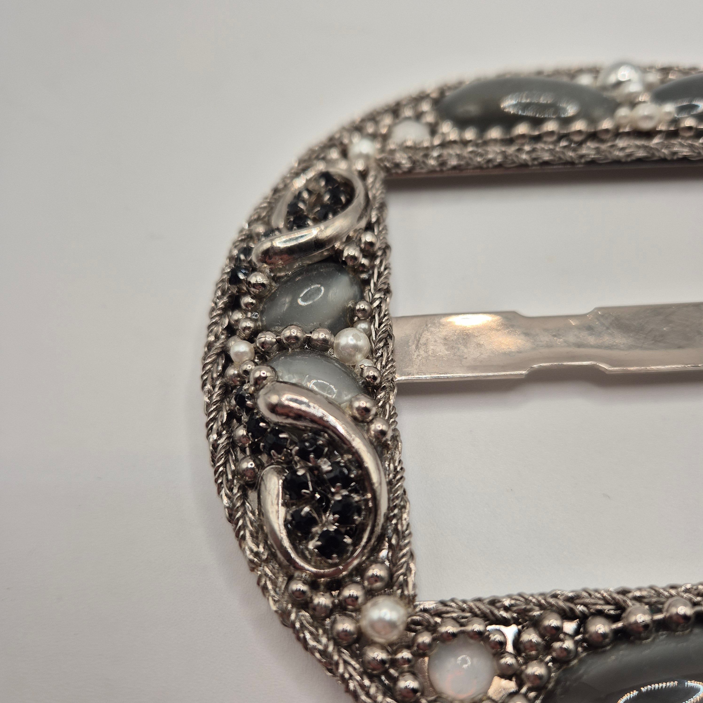Große Vintage 80er Jahre Gürtelschnalle Oval Handmade silber grau