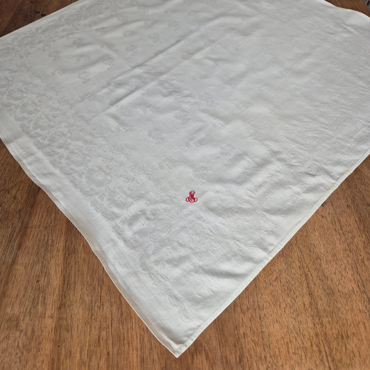 Antike Serviette / Mitteldecke weiß Damast Baumwolle 70x63cm Monogramm S.M