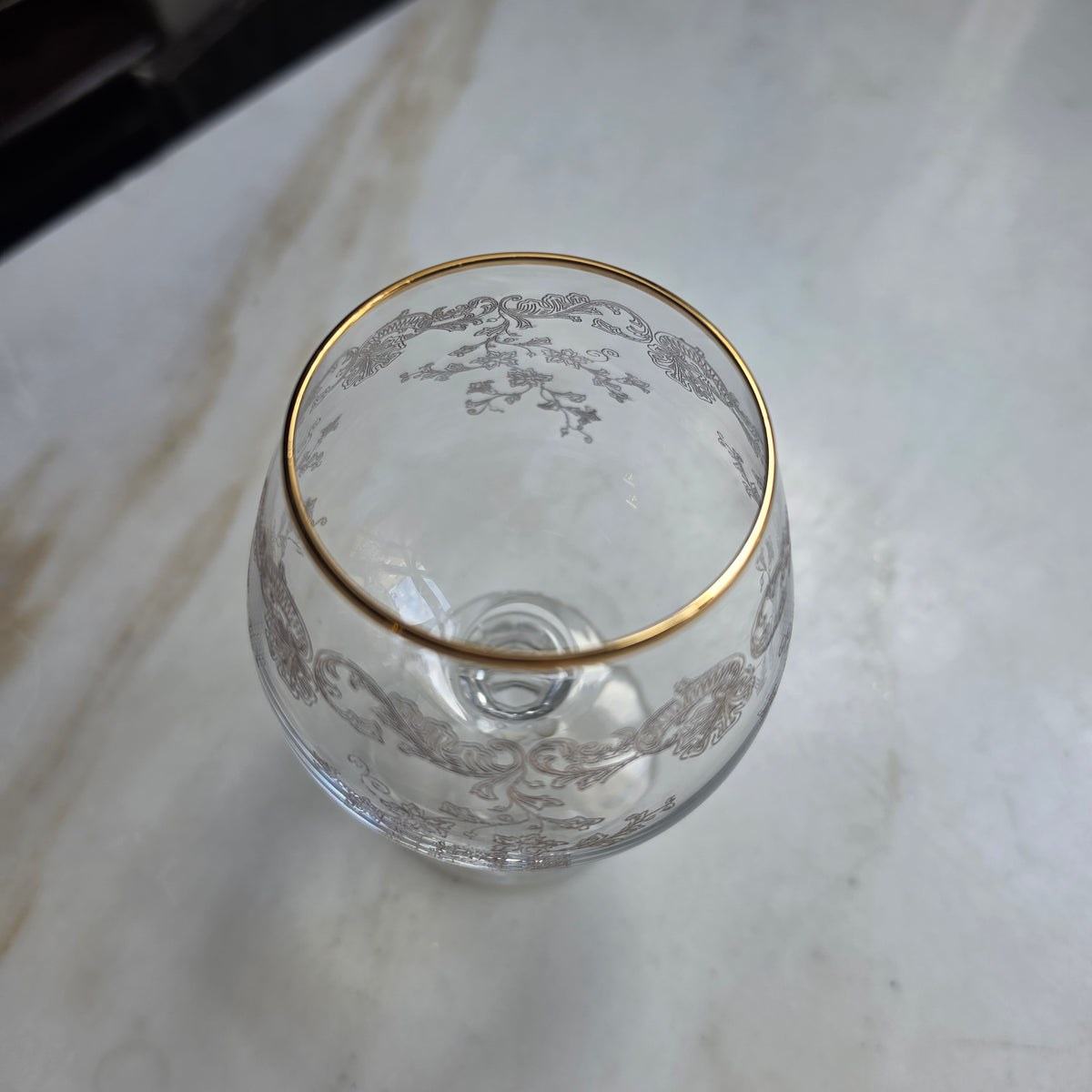 Edles Vintage Cognac- & Likörglas mit Goldrand und Barock-Gravur