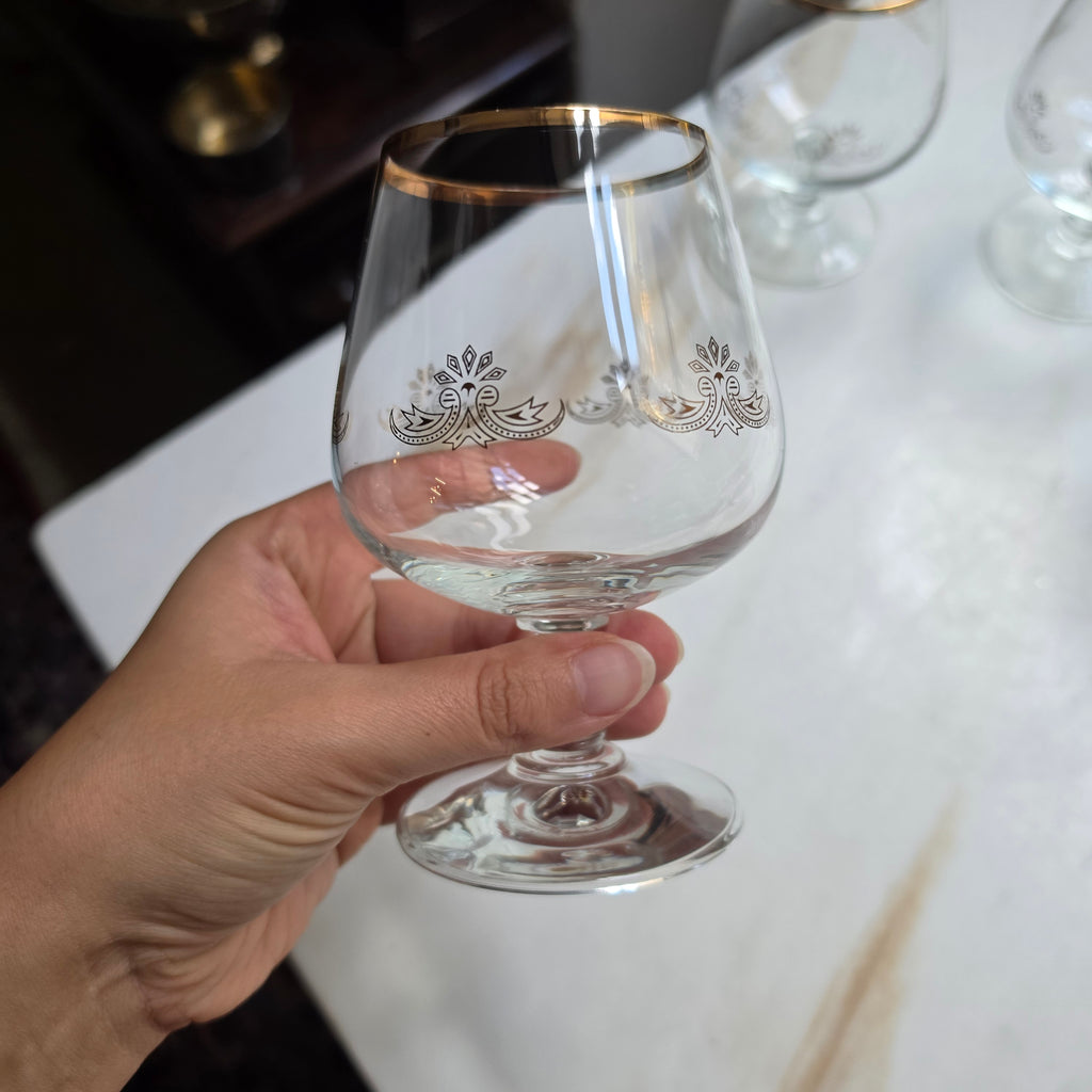 4x Vintage Cognacgläser - Schwenker Set mit Goldrand & Filigranem Ornament-Muster