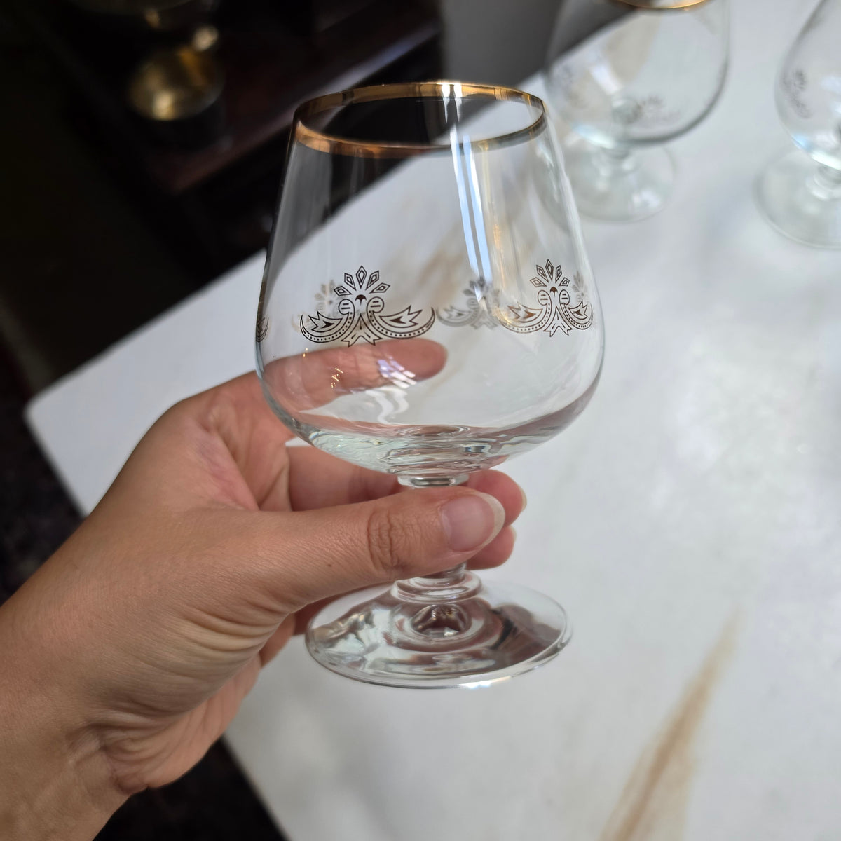 4x Vintage Cognacgläser - Schwenker Set mit Goldrand & Filigranem Ornament-Muster