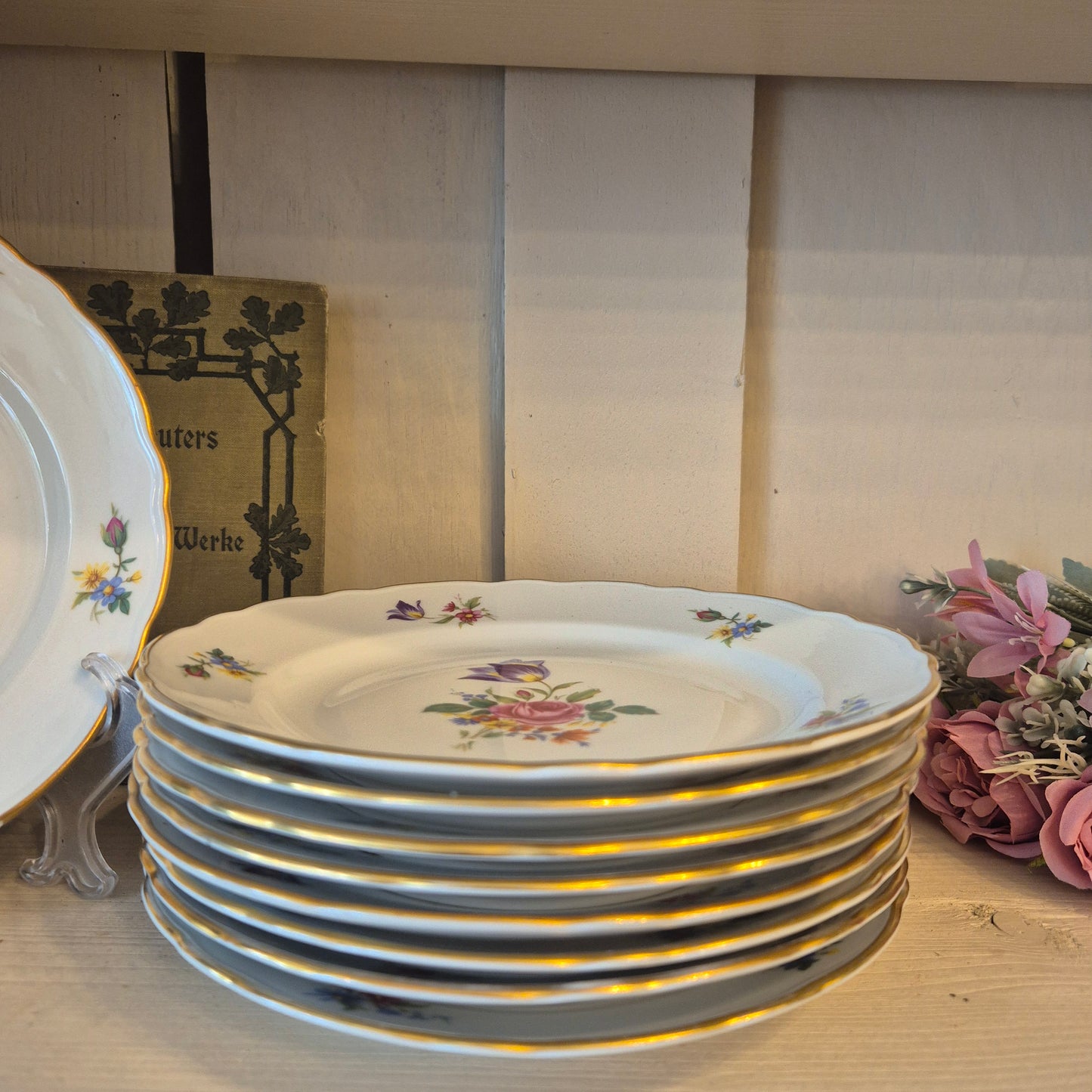 9x Antike Bavaria Porzellan Kuchenteller mit Blumenmotiv Goldrand