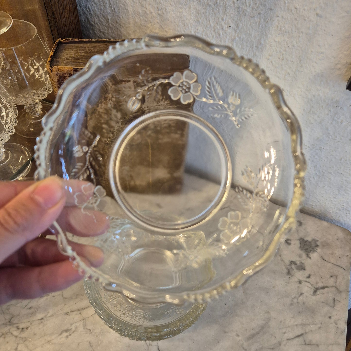 5x Vintage Glas oder Bleikristall Schalen Kuchen Teller Blumenmuster