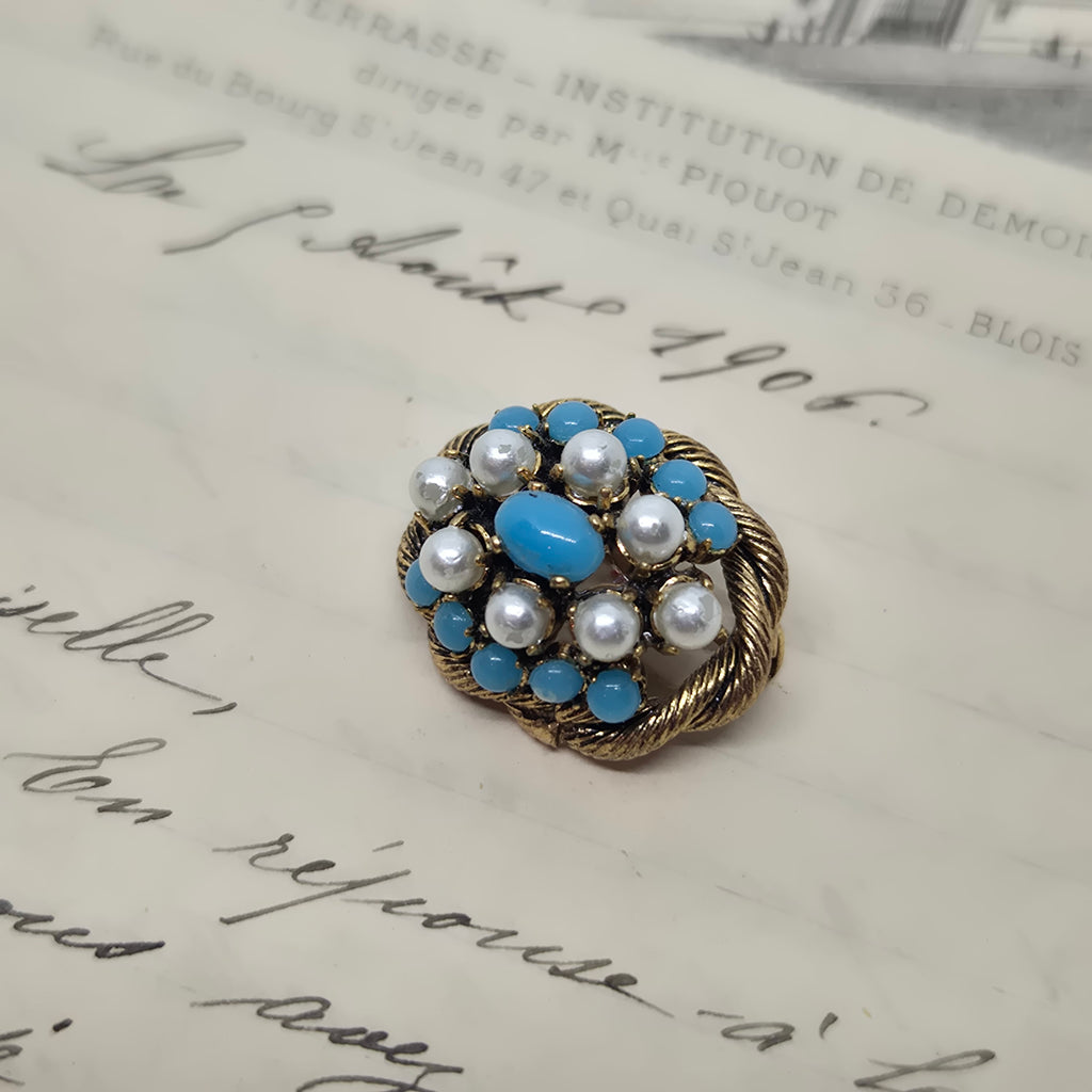 Einzigartige Art Jugendstil Vintage Brosche Antik 50er Jahre Gold unechte Perlen Blau Nummer 41