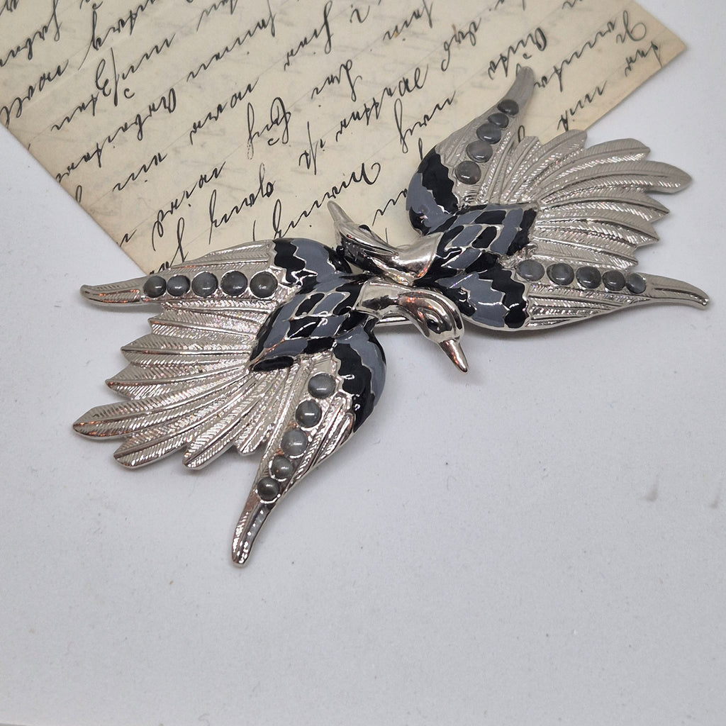 Vintage Gürtelschnalle 2-Teilig Trachtenschnalle Taillengürtel aus den 80ern-Handmade aus Berlin silber grau schwarz Schwan Kranich Vogel