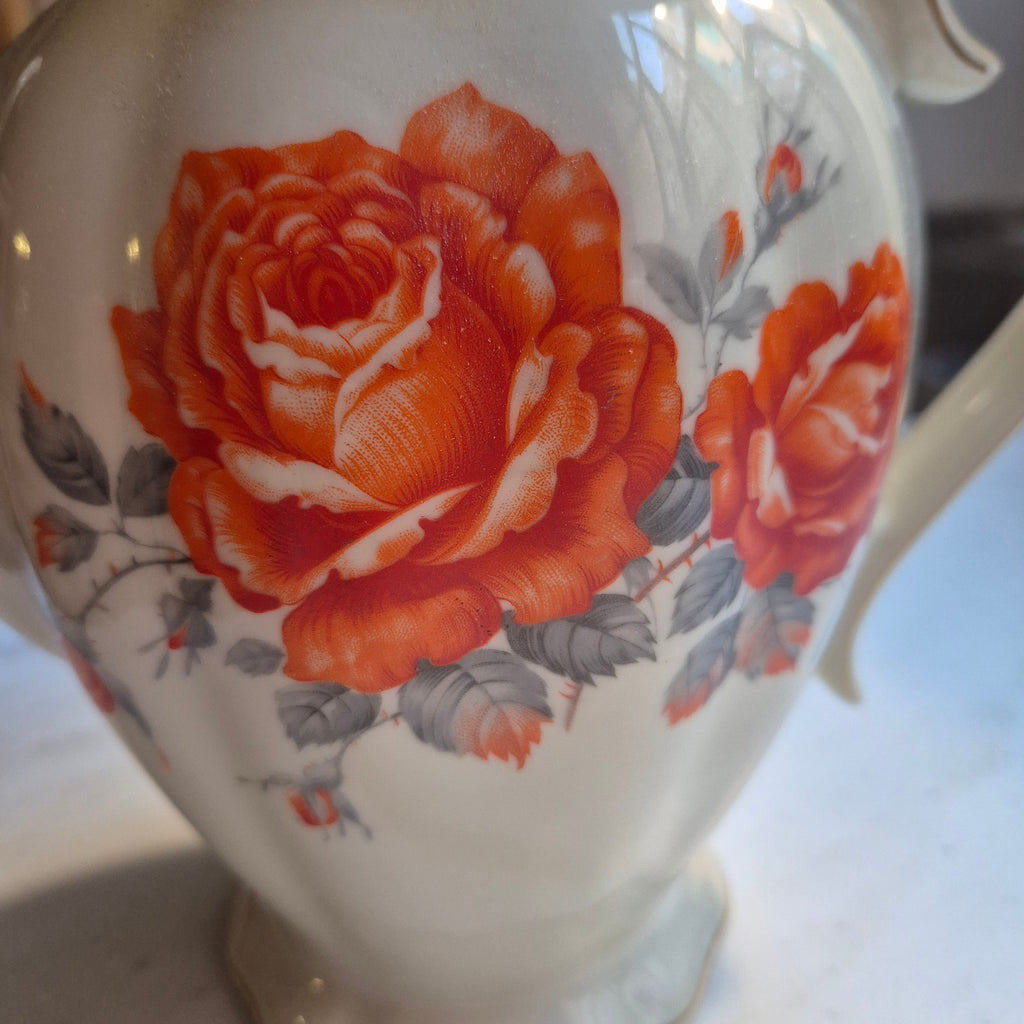 Antike Kaffeekanne Elfenbeinfarbend mit Rosendekor Porzellan VICTORIA