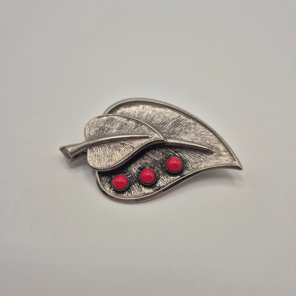 Vintage Brosche Blatt silber rot 70er Jahre