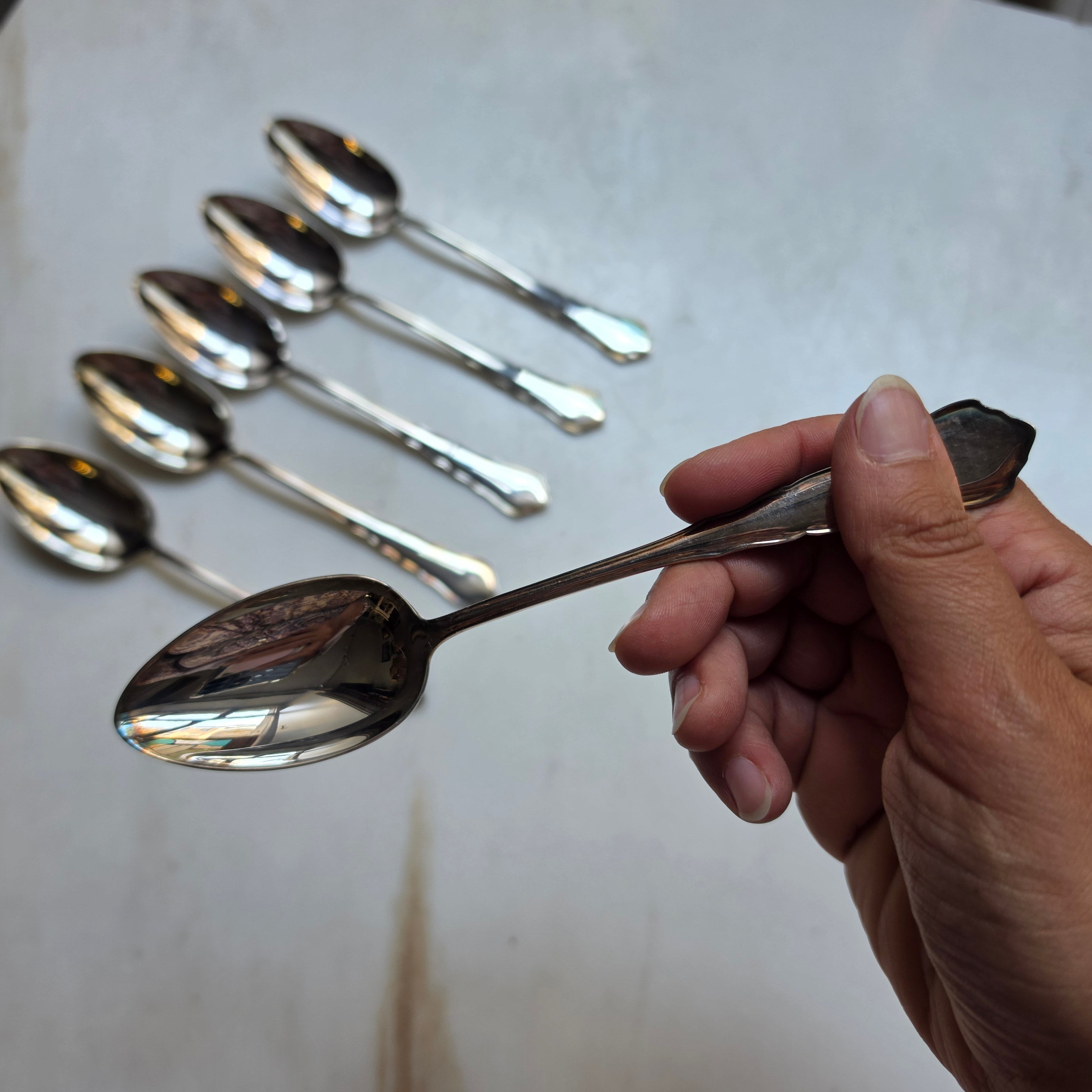 6-teiliges Antikes Esslöffel-Set – Versilbert (90er Silberauflage) – Klassisches Barock / Faden-Design
