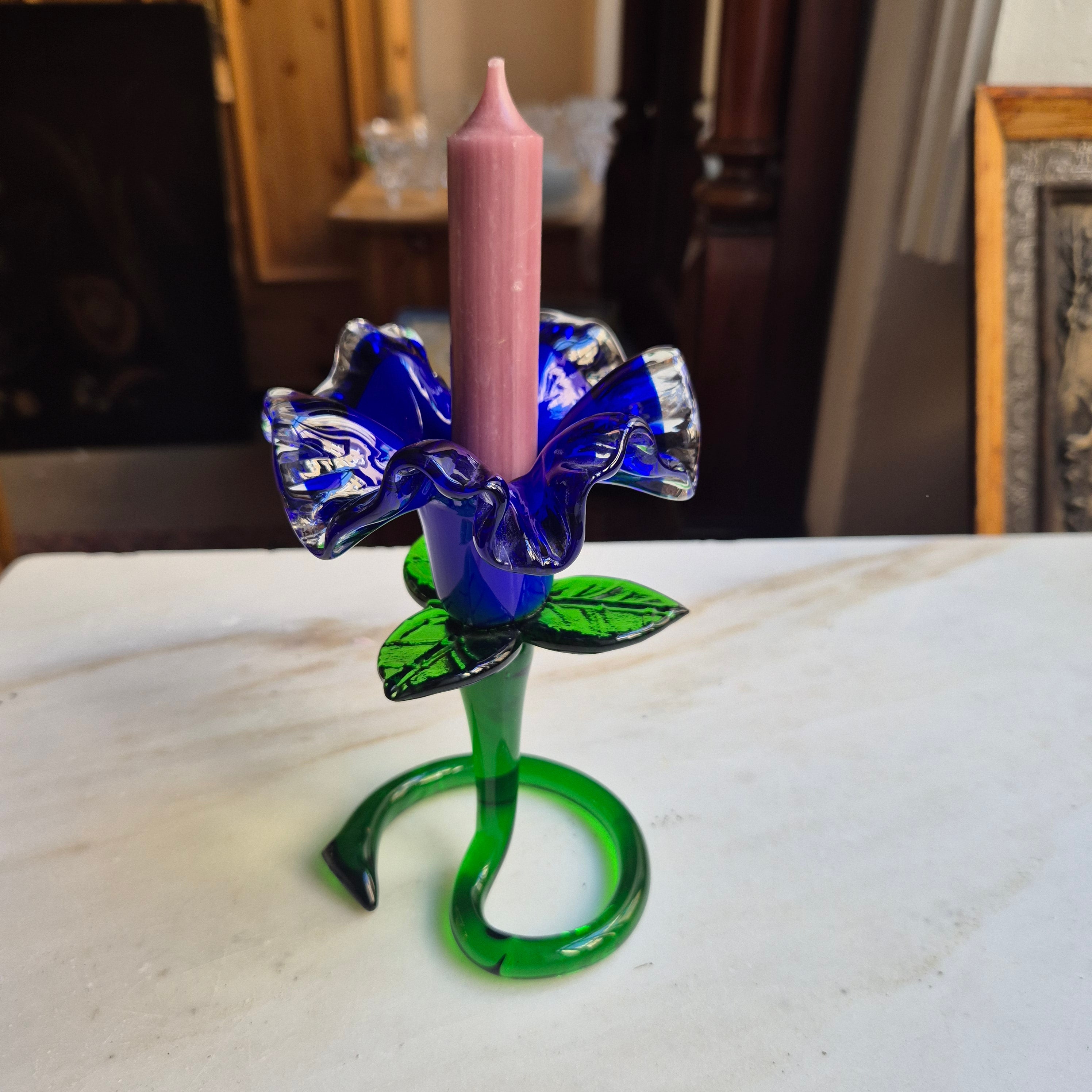 Vintage Murano Glaskunst Blume Kerzenhalter Blau