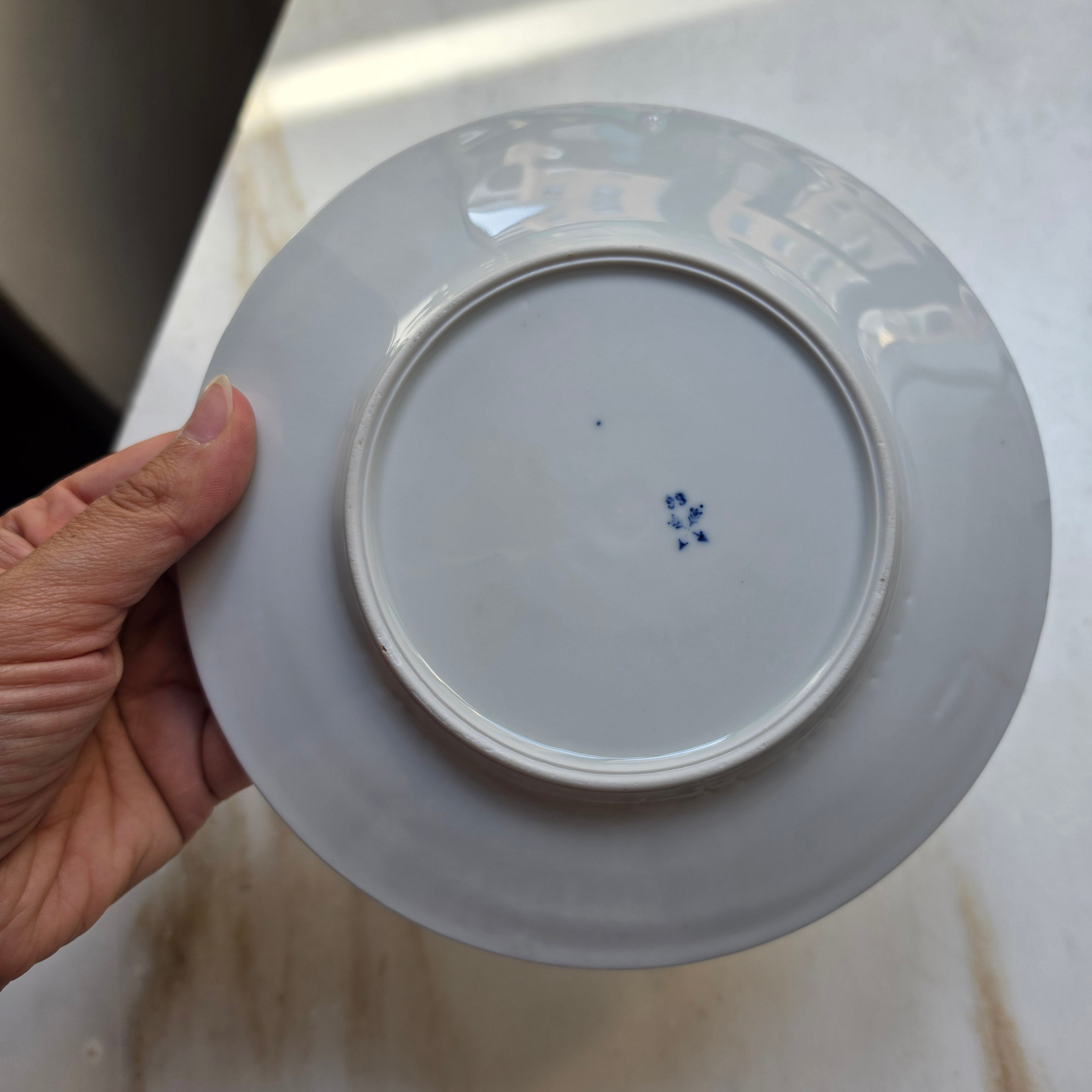 Edler Porzellanteller mit klassischem Strohblumenmuster / Zwiebelmuster – Blau-Weiß Vintage