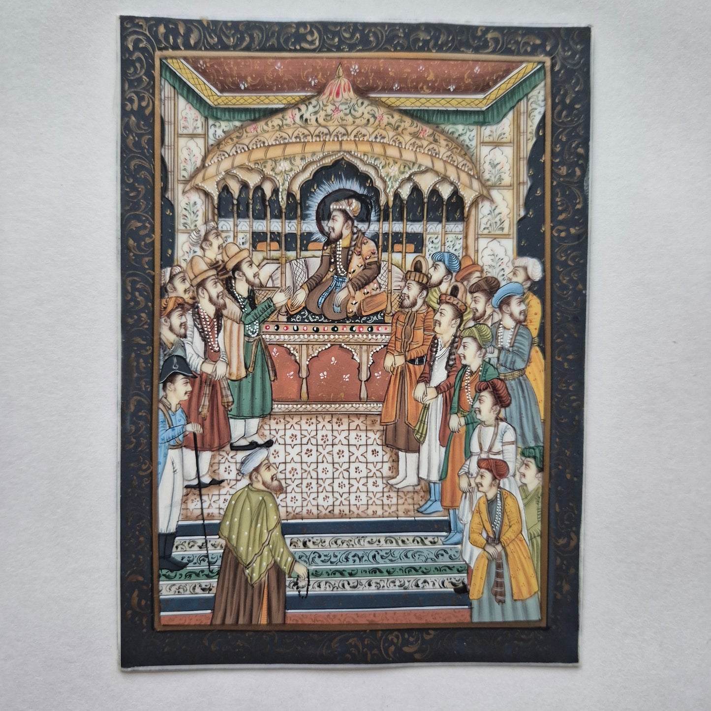 Antike Mogul Miniatur Gemälde Handarbeit König Shamjahan Taj Mahal Gericht Szene