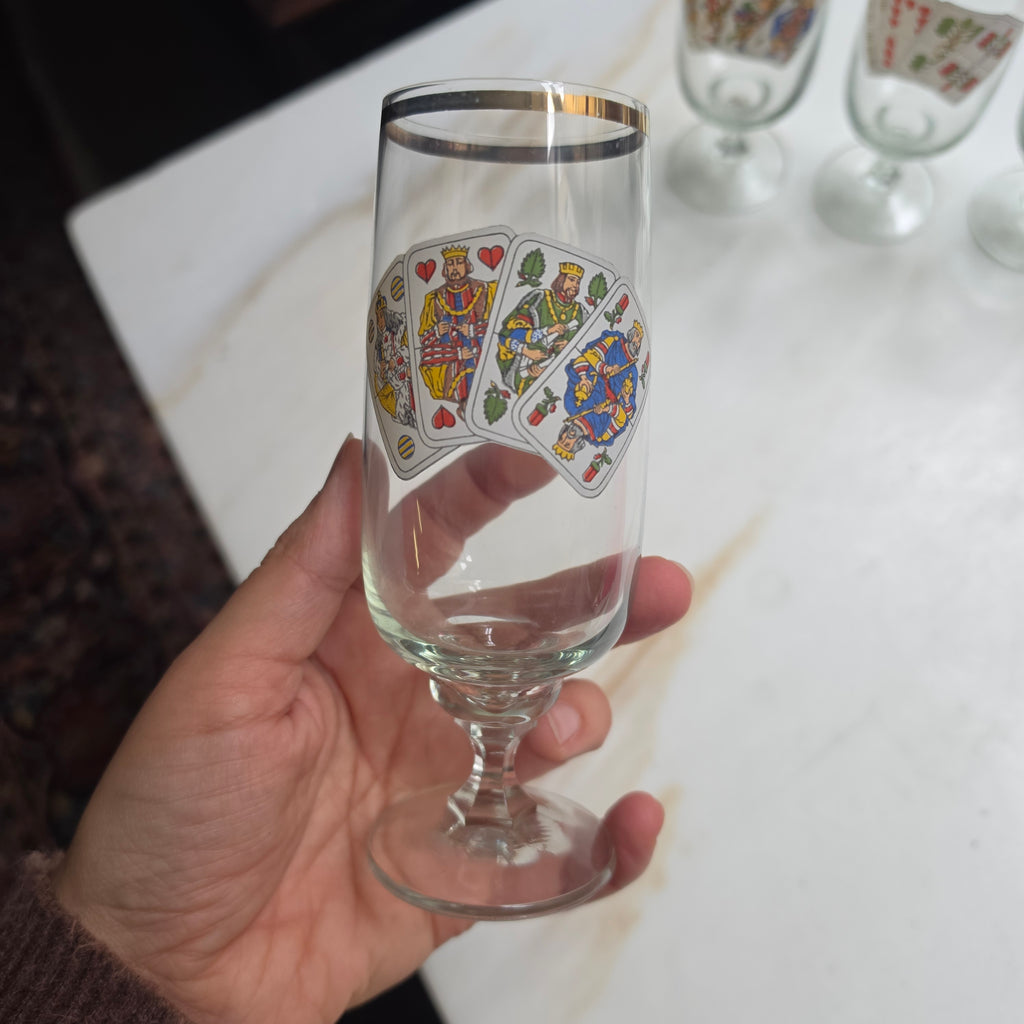 5x Vintage Sektgläser - Aperitifgläser mit Spielkarten-Motiv & Goldrand