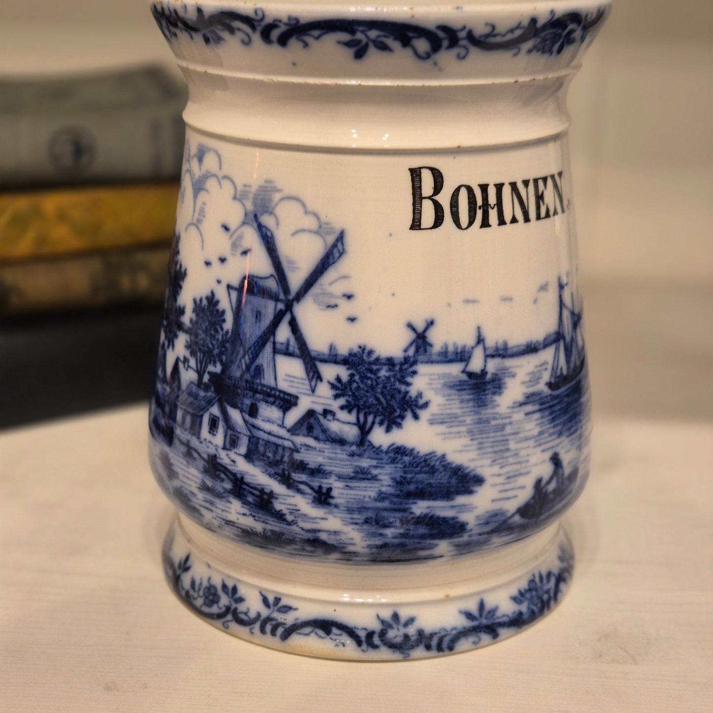 Antike H.H & Cie Delft Vorratsdose ohne Deckel blau weiß 120Jahre alt Kochlöffelhalter Aufschrift "Bohnen"