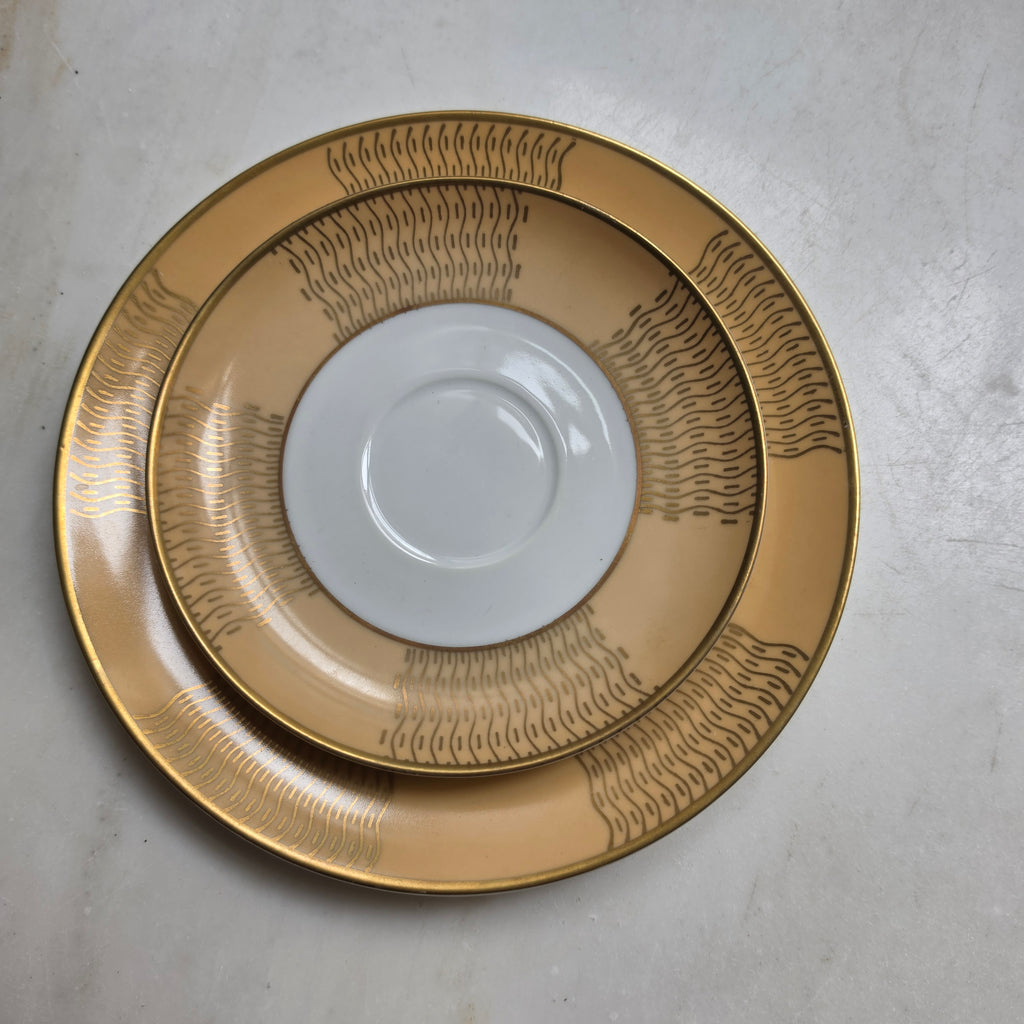 Elegantes Vintage Bavaria Porzellan Kaffeeset - Gold-Beige mit Wellenmuster - 3-teilig