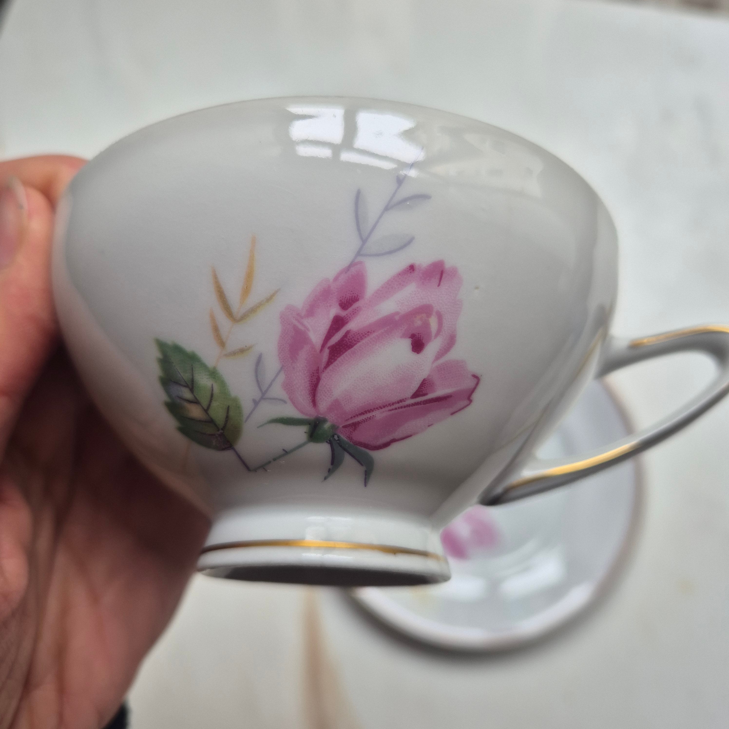 DDR Porzellan Gedeck 1x Tasse & 1x Kuchenteller mit Rosenmotiv