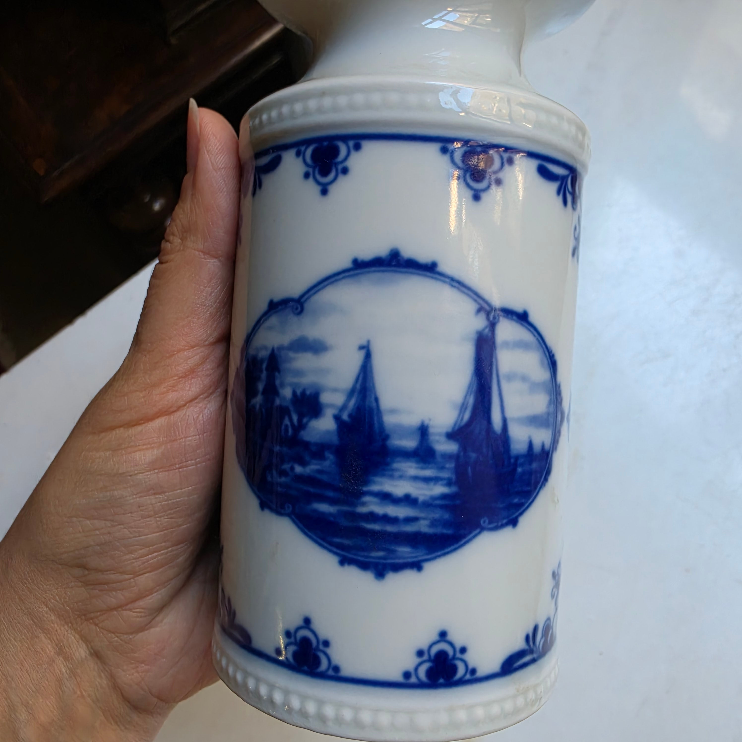 Alte Porzellan Vase Echt Kobalt Fine China Lichte Schiffsmotiv Mühle Hafen