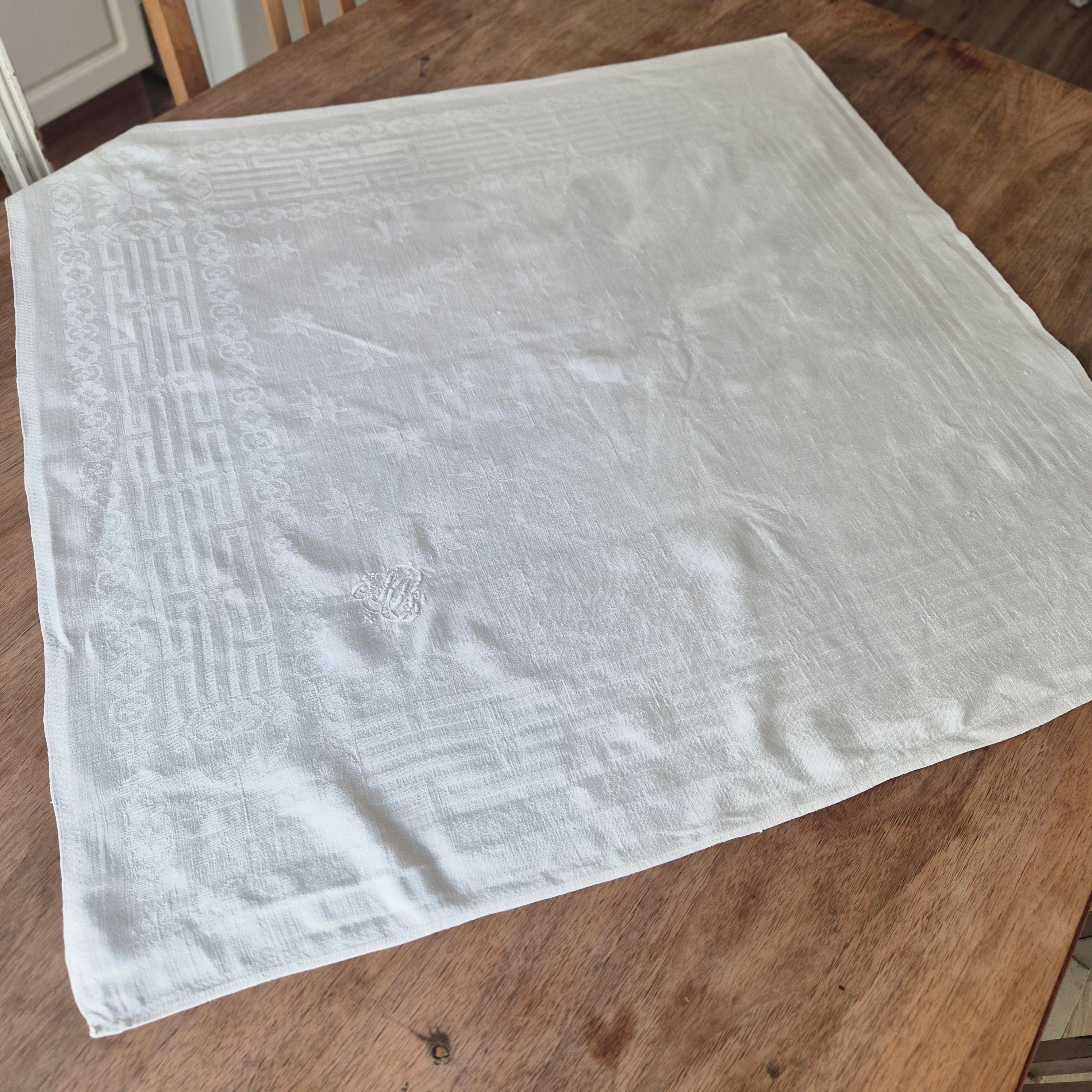 Antike Jugendstil Serviette/Mitteldecke weiß 69x63cm Damast Monogram M.B.