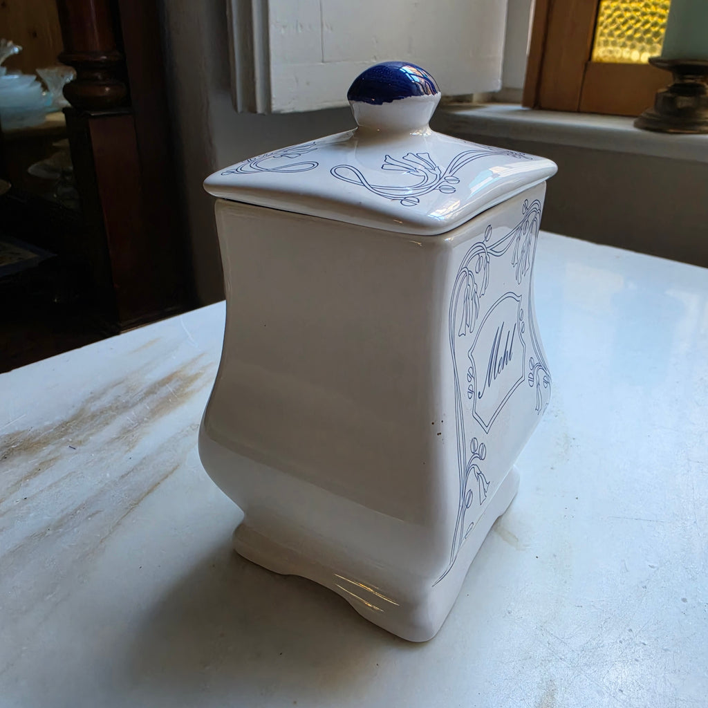 Alte Vorratsdose Biedermeier Stil Mehl weiß blau Porzellan