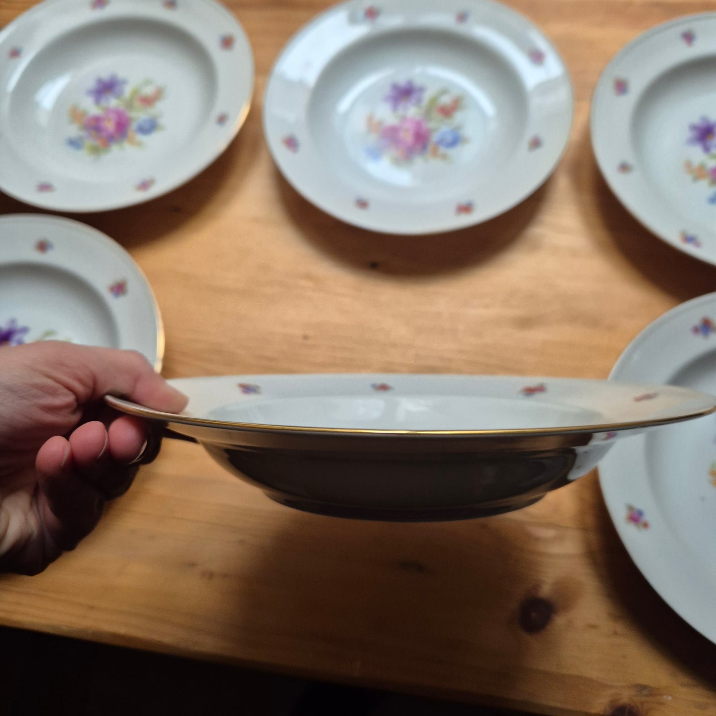 6x Antike Suppenteller Blumendekor weiß Goldrand Koenigszelt Made in Poland
