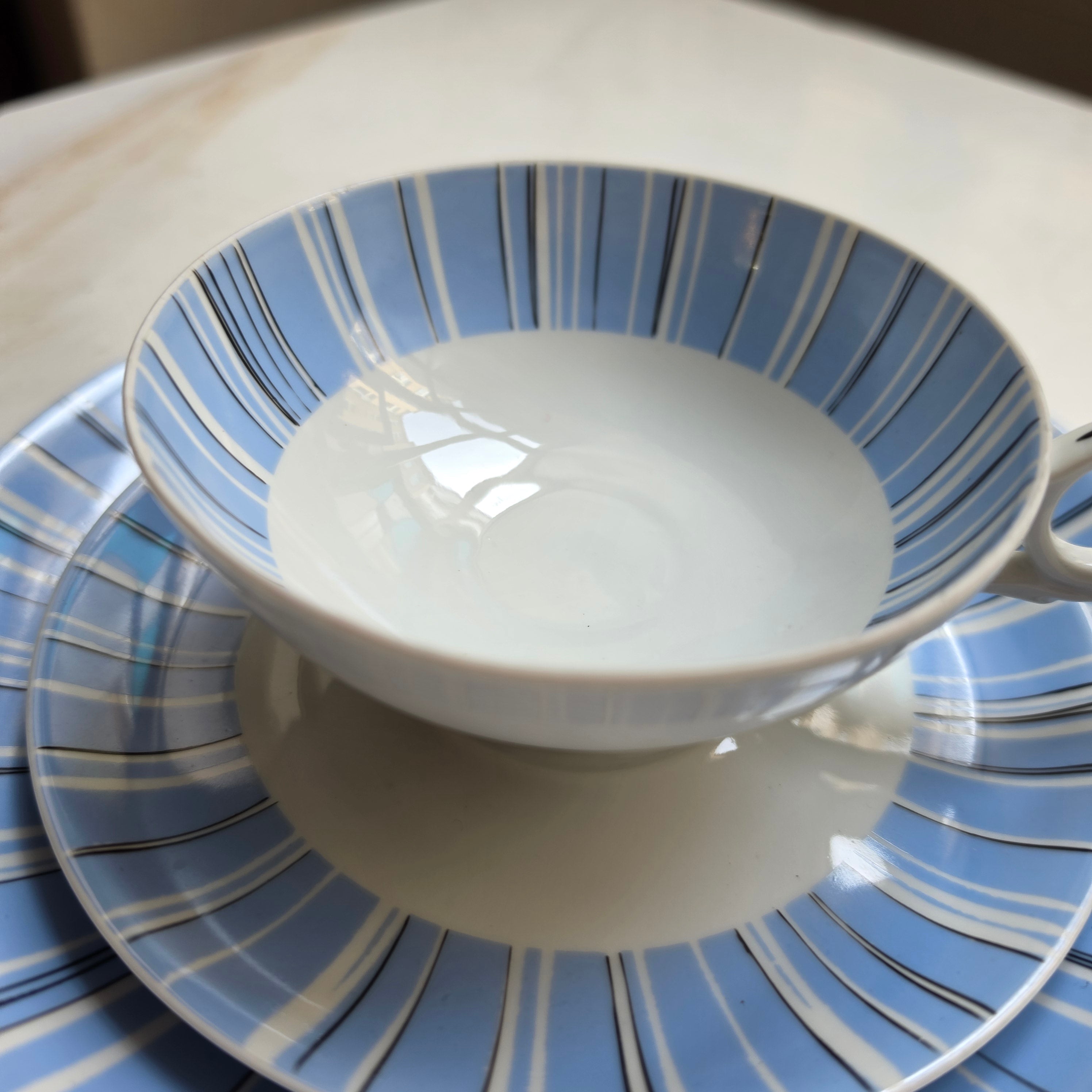 Vintage Wallendorf Porzellan Gedeck 3-teilig – 50er/60er Mid-Century Streifendekor Hellblau