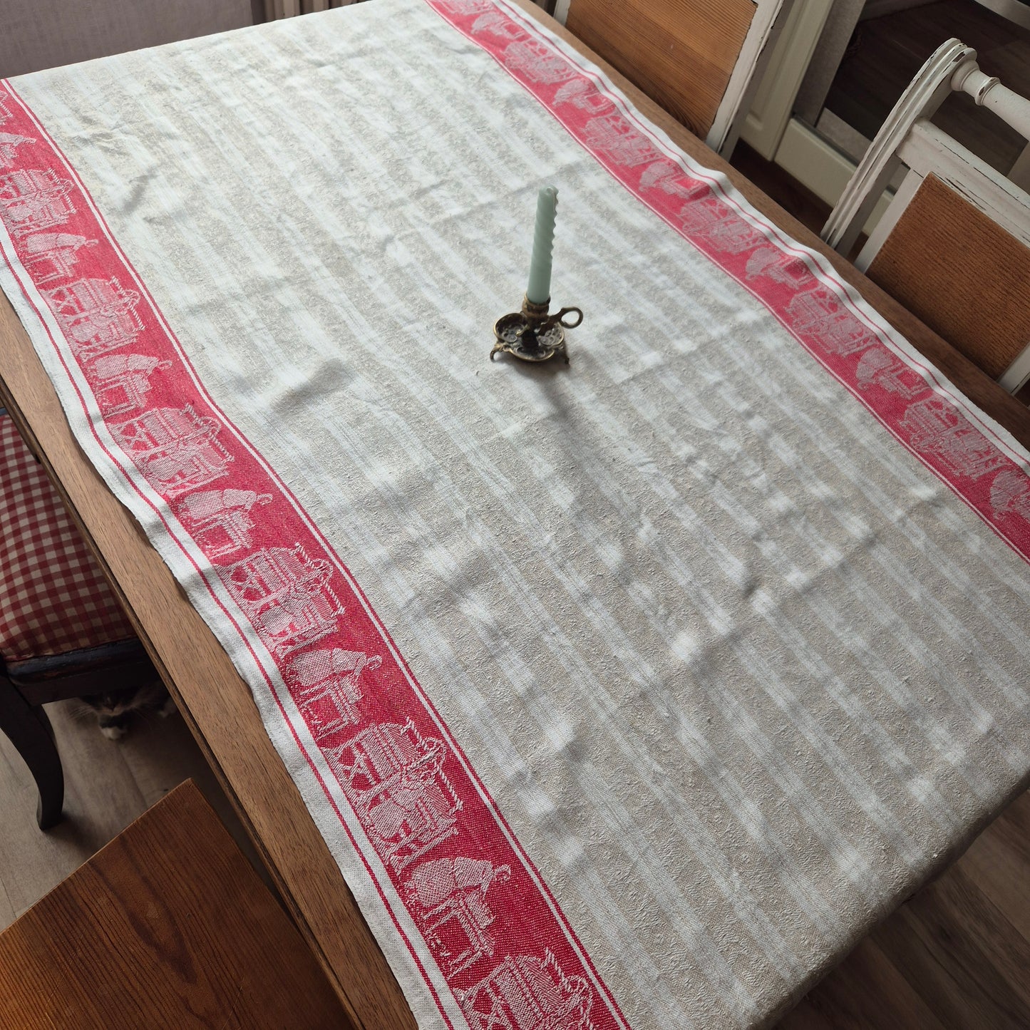 Antikes Rolltuch Mangeltuch Rot Creme Leinentuch Tischdecke Wäsche mit Monogramm 🤍