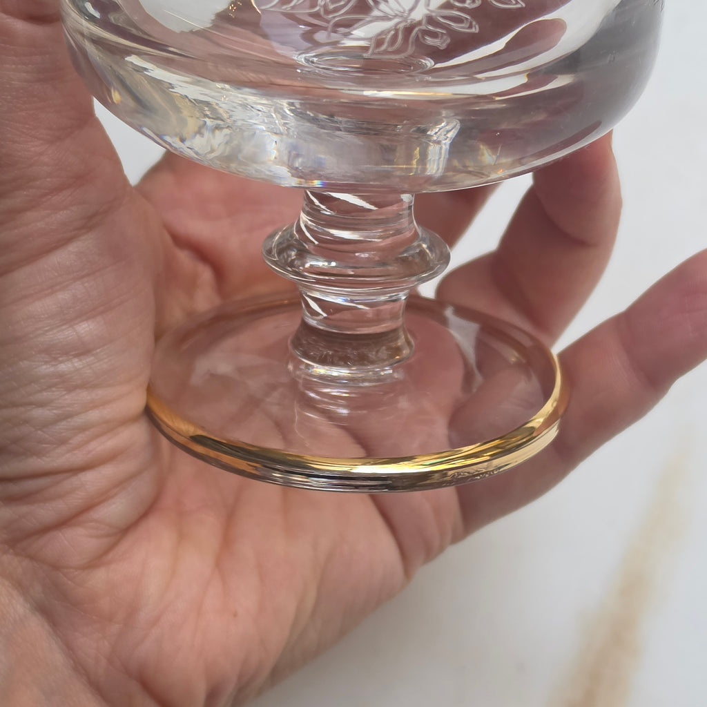 Vintage Cognacgläser / Schwenker mit Ätzdekor & Goldrand