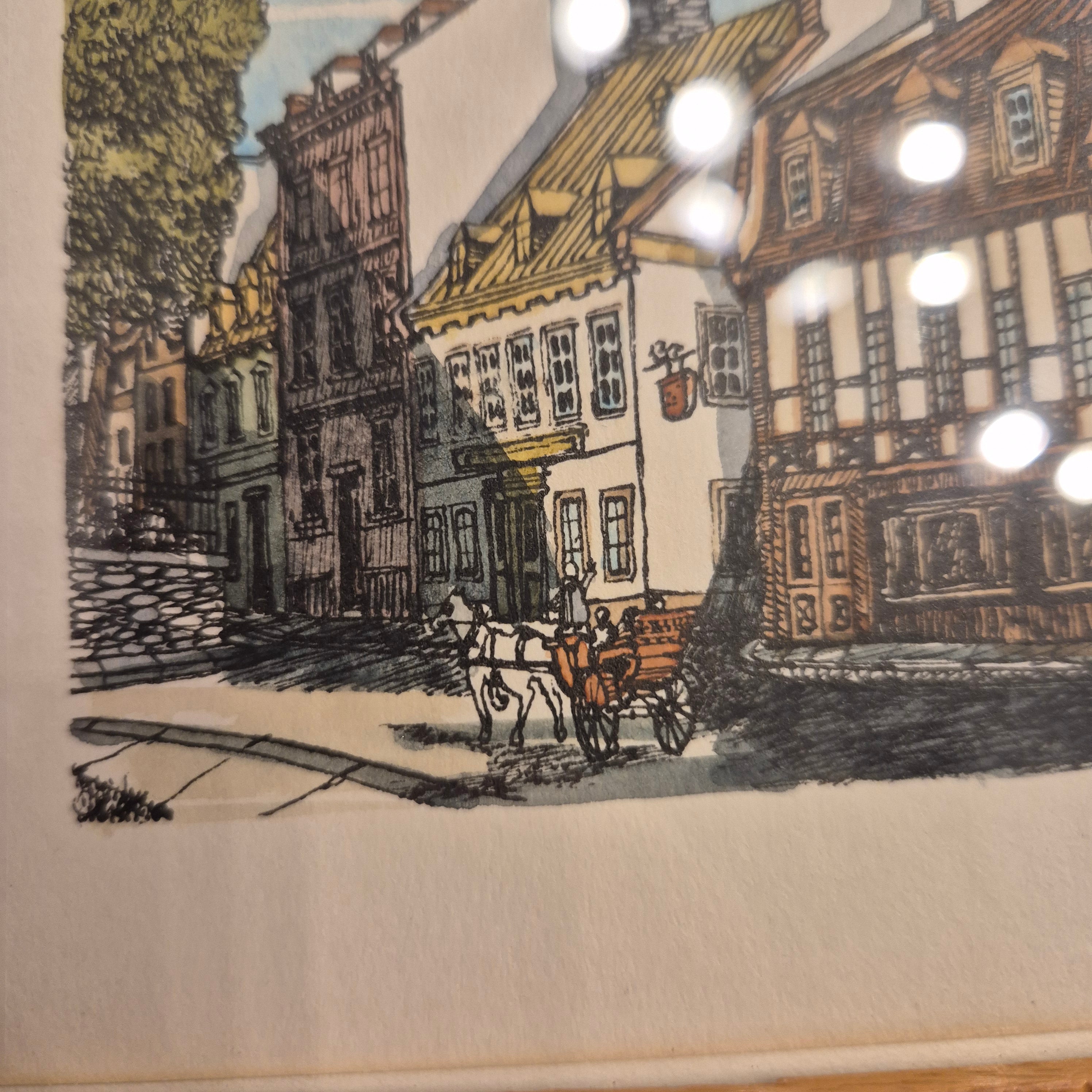 Kleine Vintage-Radierung einer Straße - Bild gerahmt