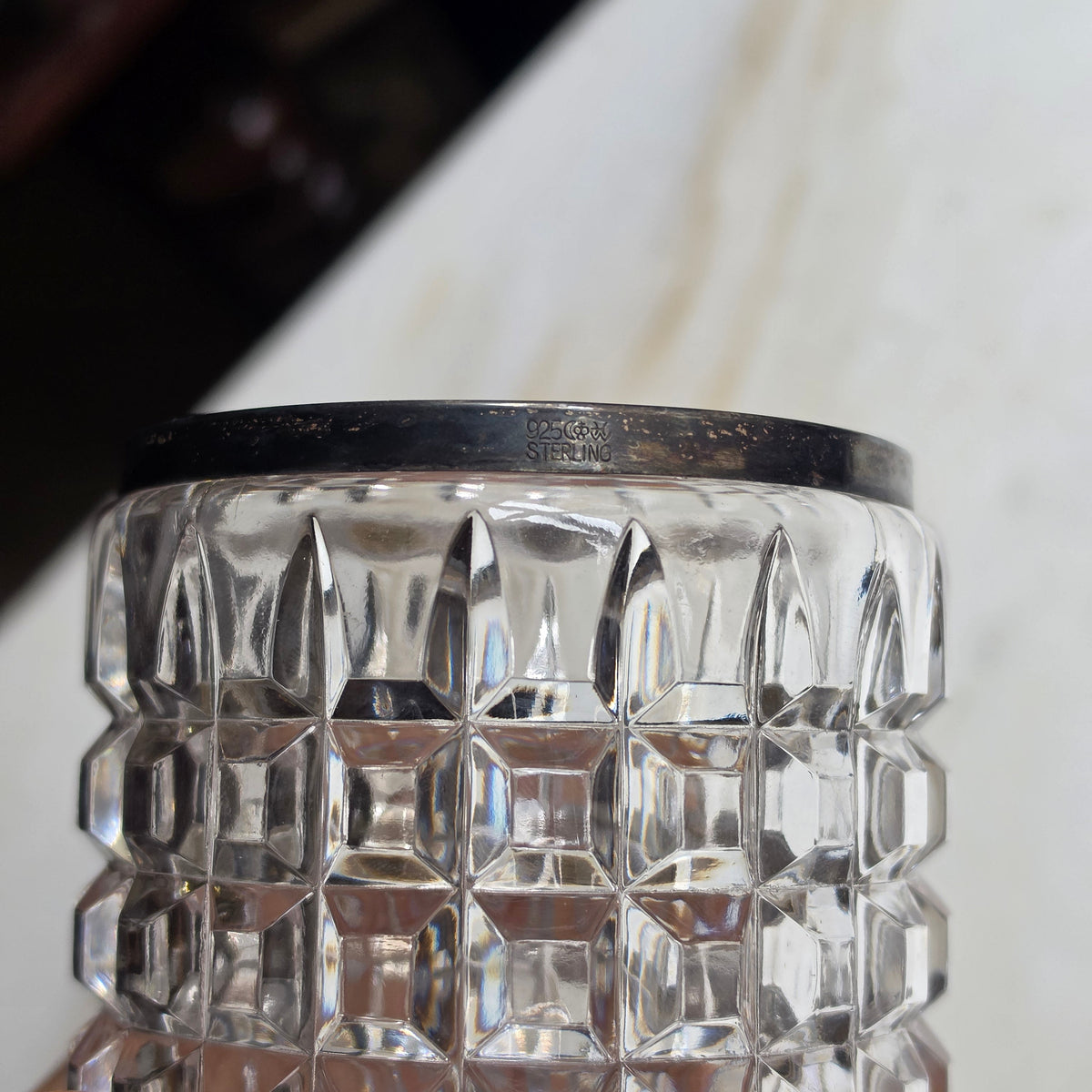 Vintage Kristallvase mit gestempeltem 925 Sterling Silber Rand – Facettenschliff – Top Zustand