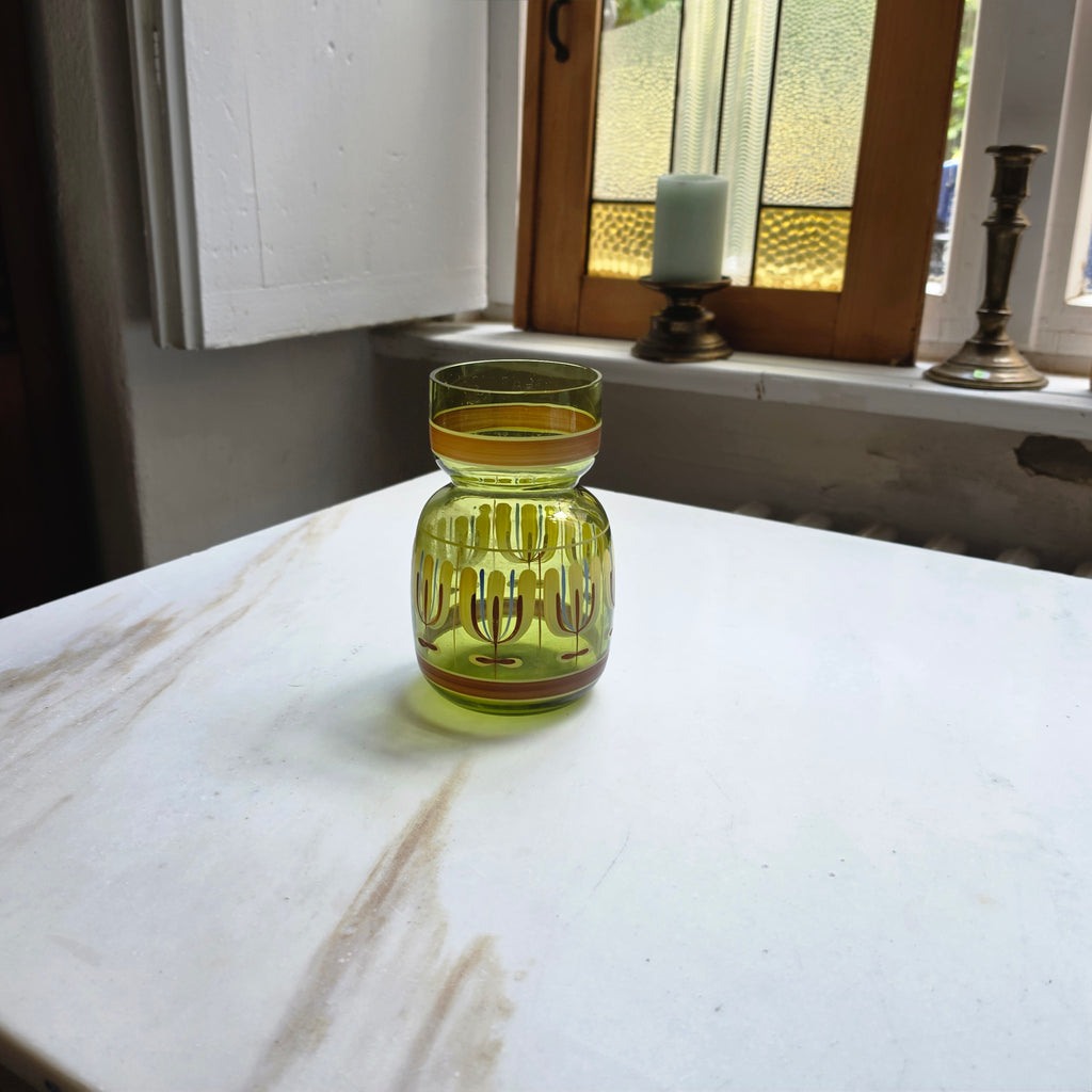 Vintage Retro  Glasvase - transparent grün - 70er Jahre - handbemalt