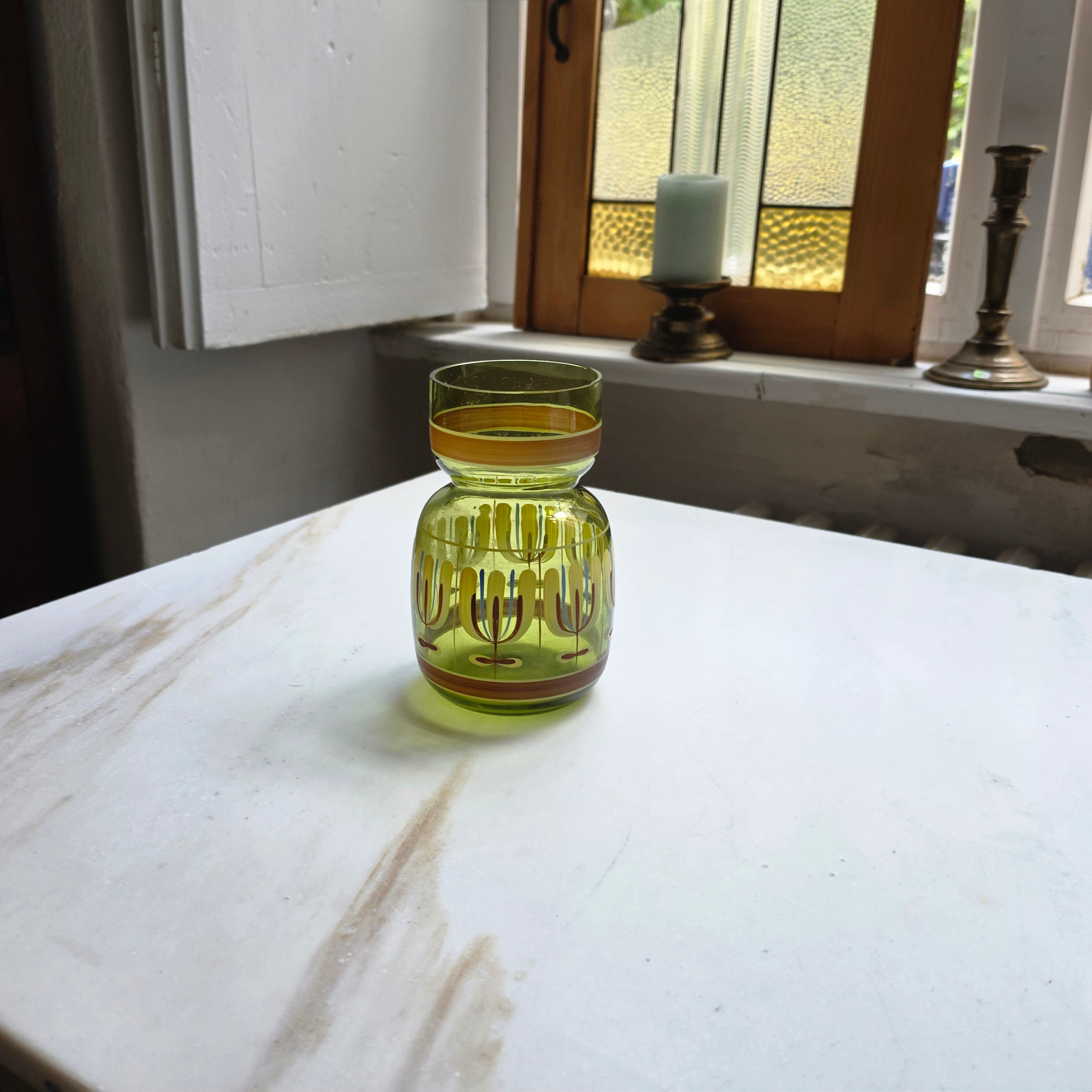 Vintage Retro  Glasvase - transparent grün - 70er Jahre - handbemalt