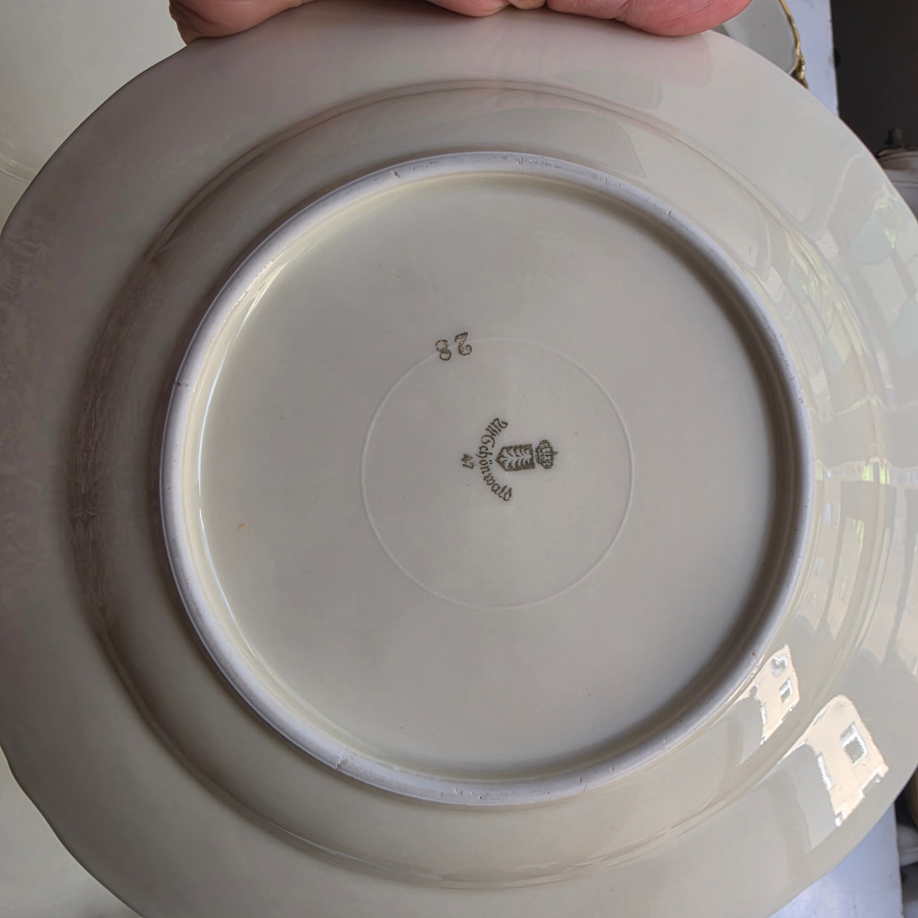 Antike Schönwald Porzellan-Essteller mit Goldrand & Muschelrelief (5er-Set) – Elfenbein/Creme