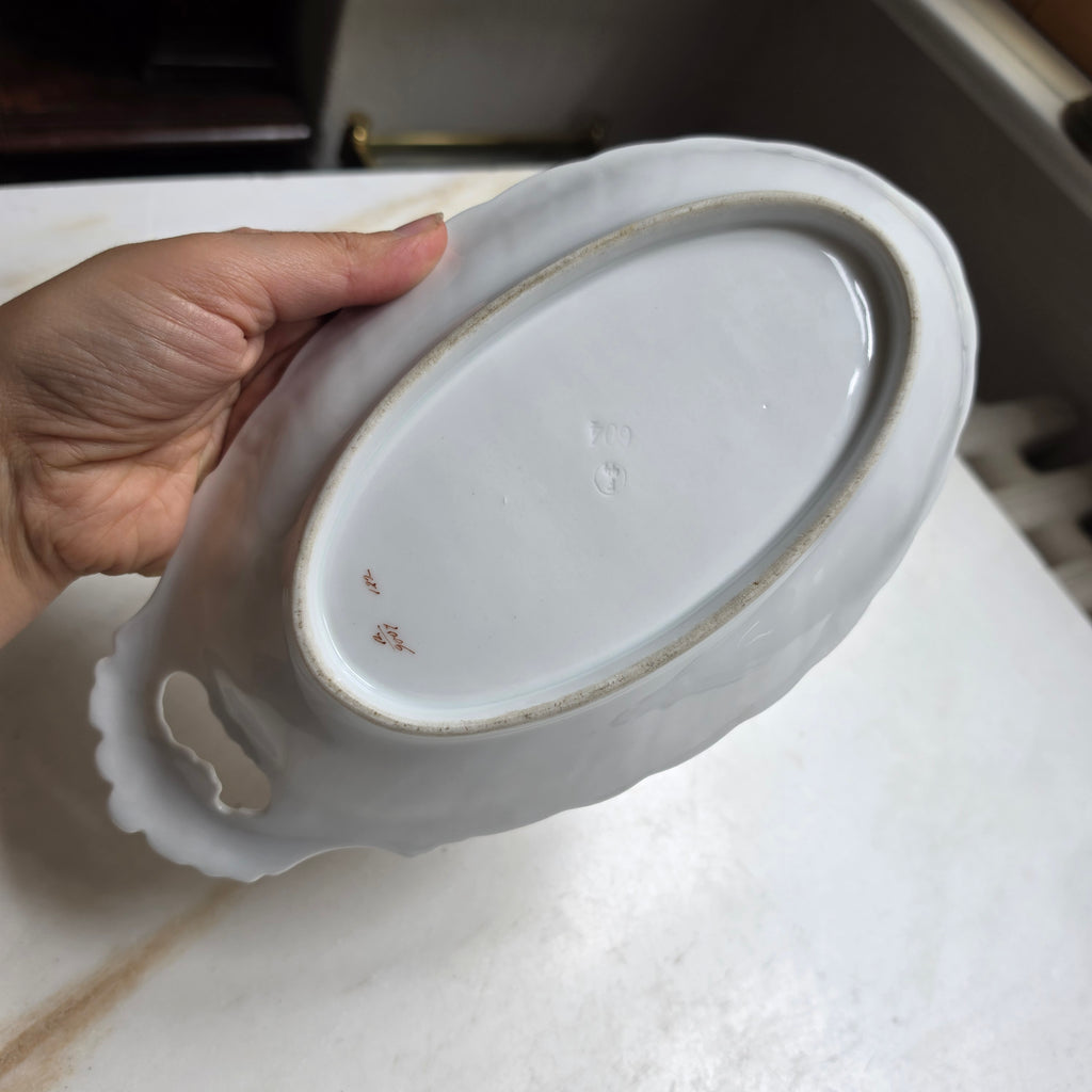 Antike Porzellan-Anbietschale mit floralem Dekor & Goldrand – Vintage Servierschale - Oval