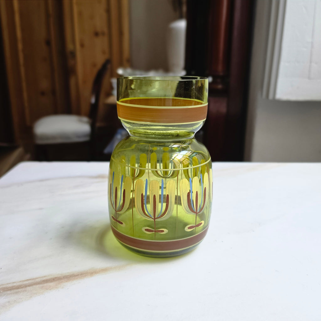 Vintage Retro  Glasvase - transparent grün - 70er Jahre - handbemalt