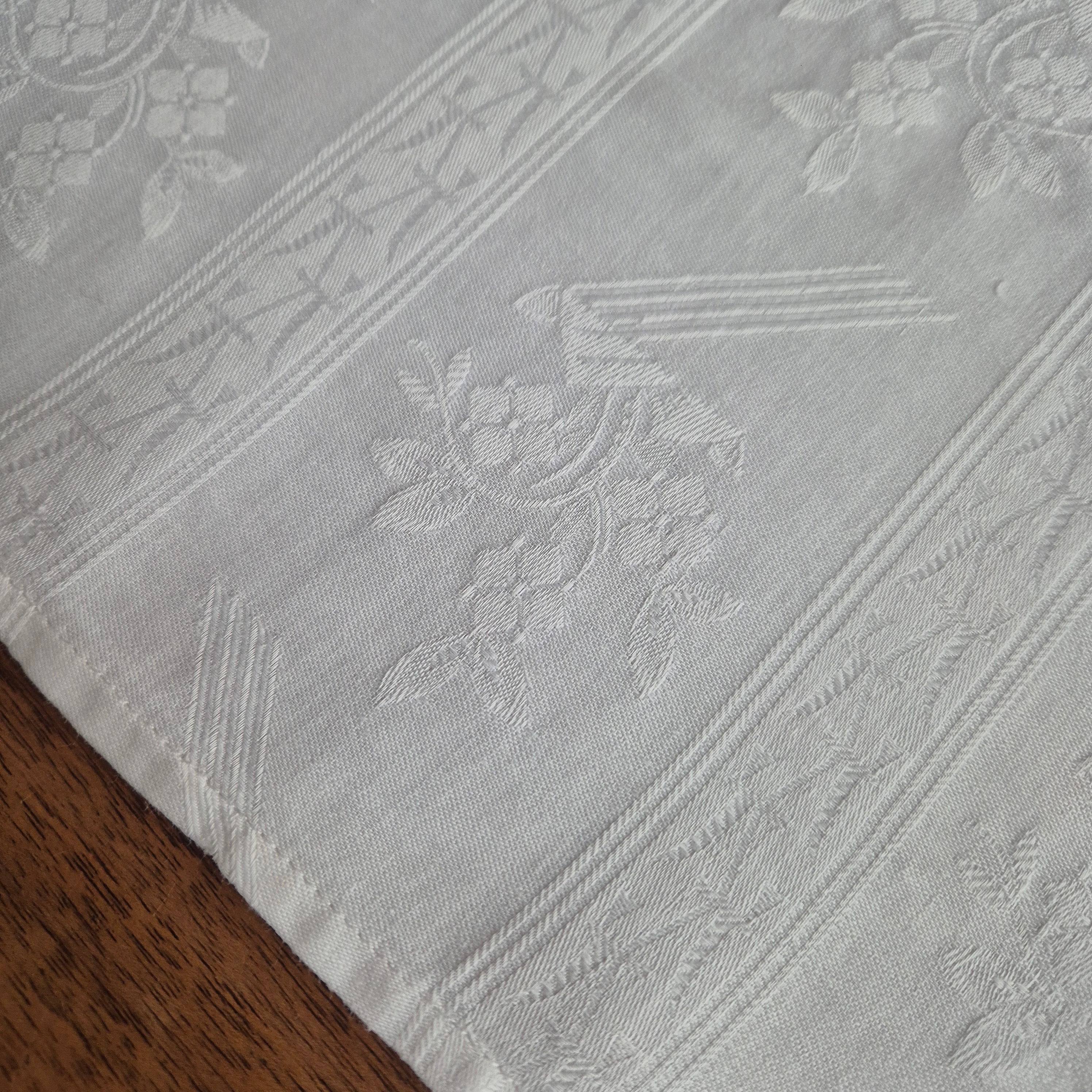 Vintage Tischdecke Tuch weiß 74x 130cm Damast weiß Baumwolle