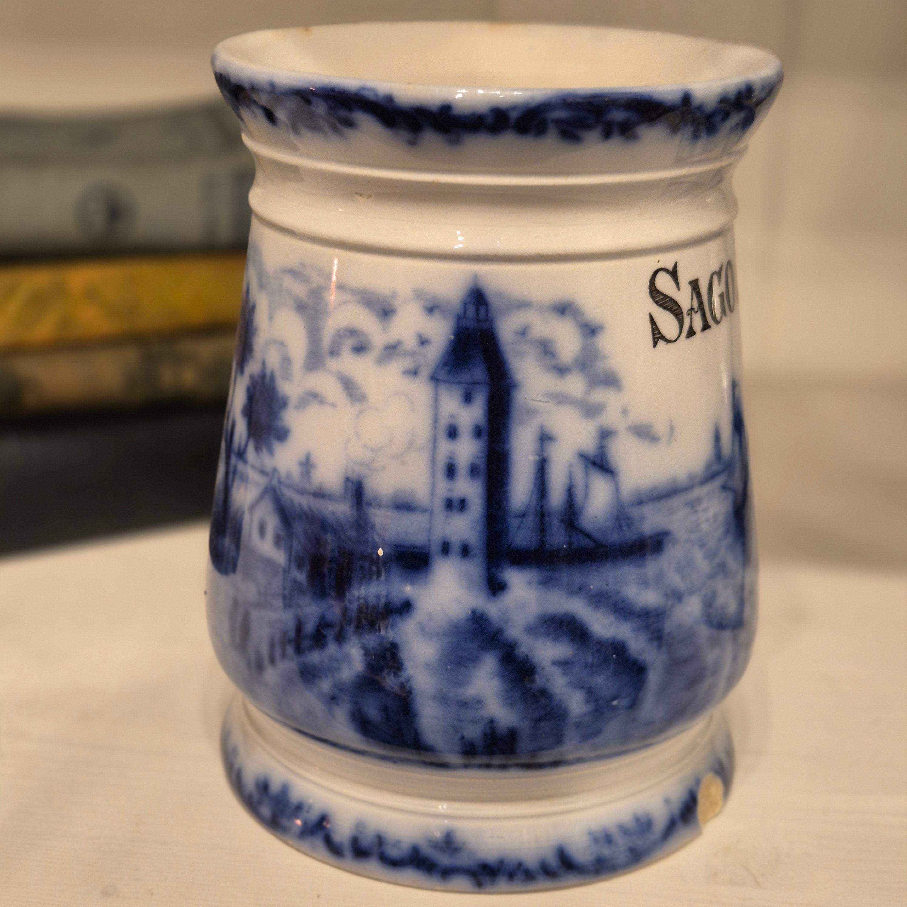 Antike H.H & Cie Delft Vorratsdose ohne Deckel blau weiß 120Jahre alt Kochlöffelhalter Aufschrift "Sago."