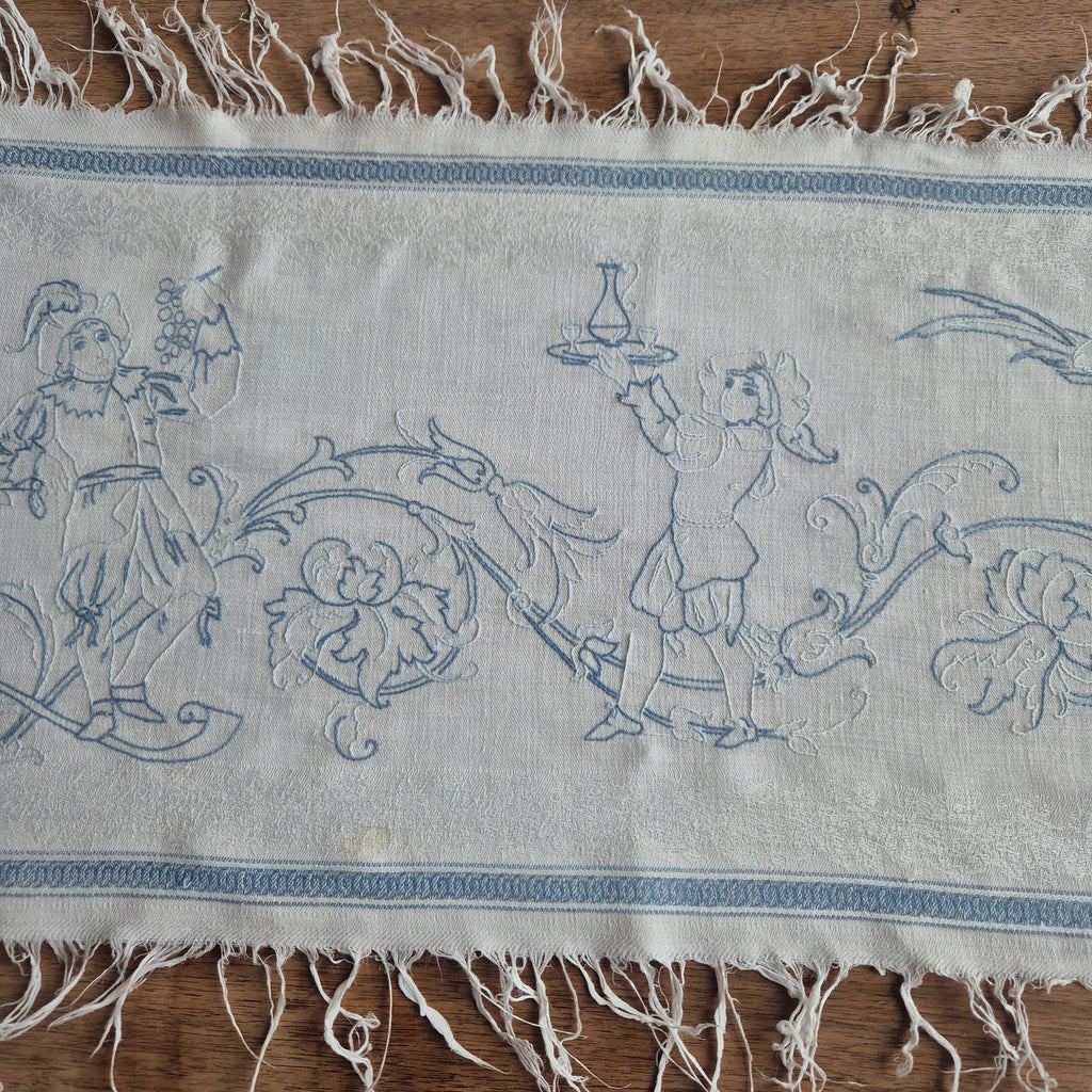 Antiker Baumwolle Tischläufer handbestickt mit mini Fleck! 32x170cm blau weiß