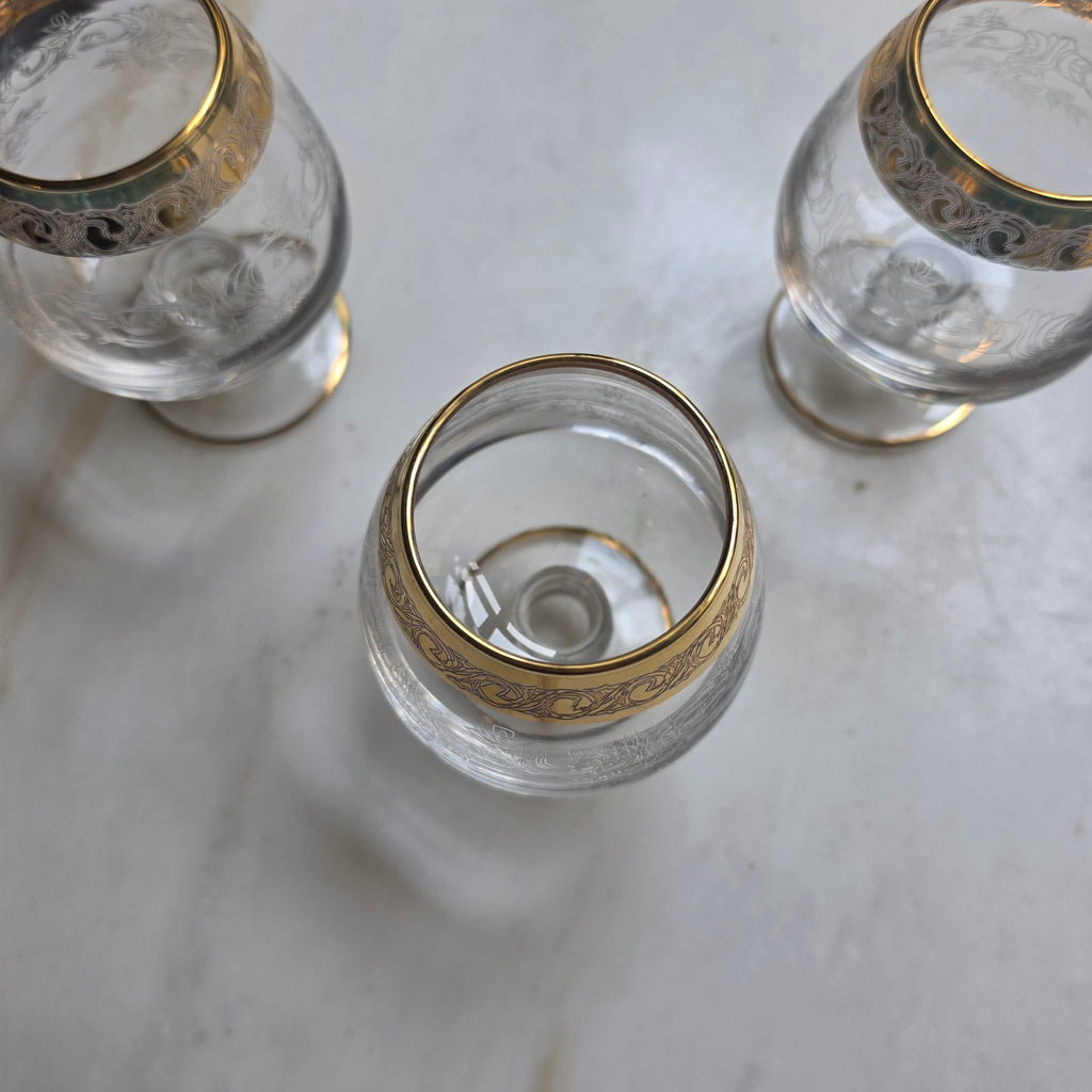 Vintage Cognacgläser / Schwenker mit Ätzdekor & Goldrand