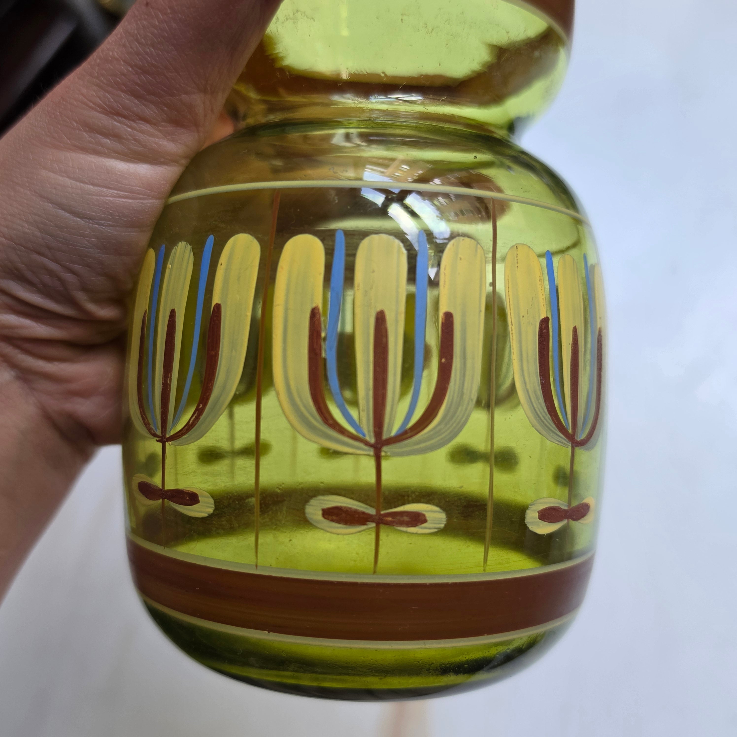 Vintage Retro  Glasvase - transparent grün - 70er Jahre - handbemalt