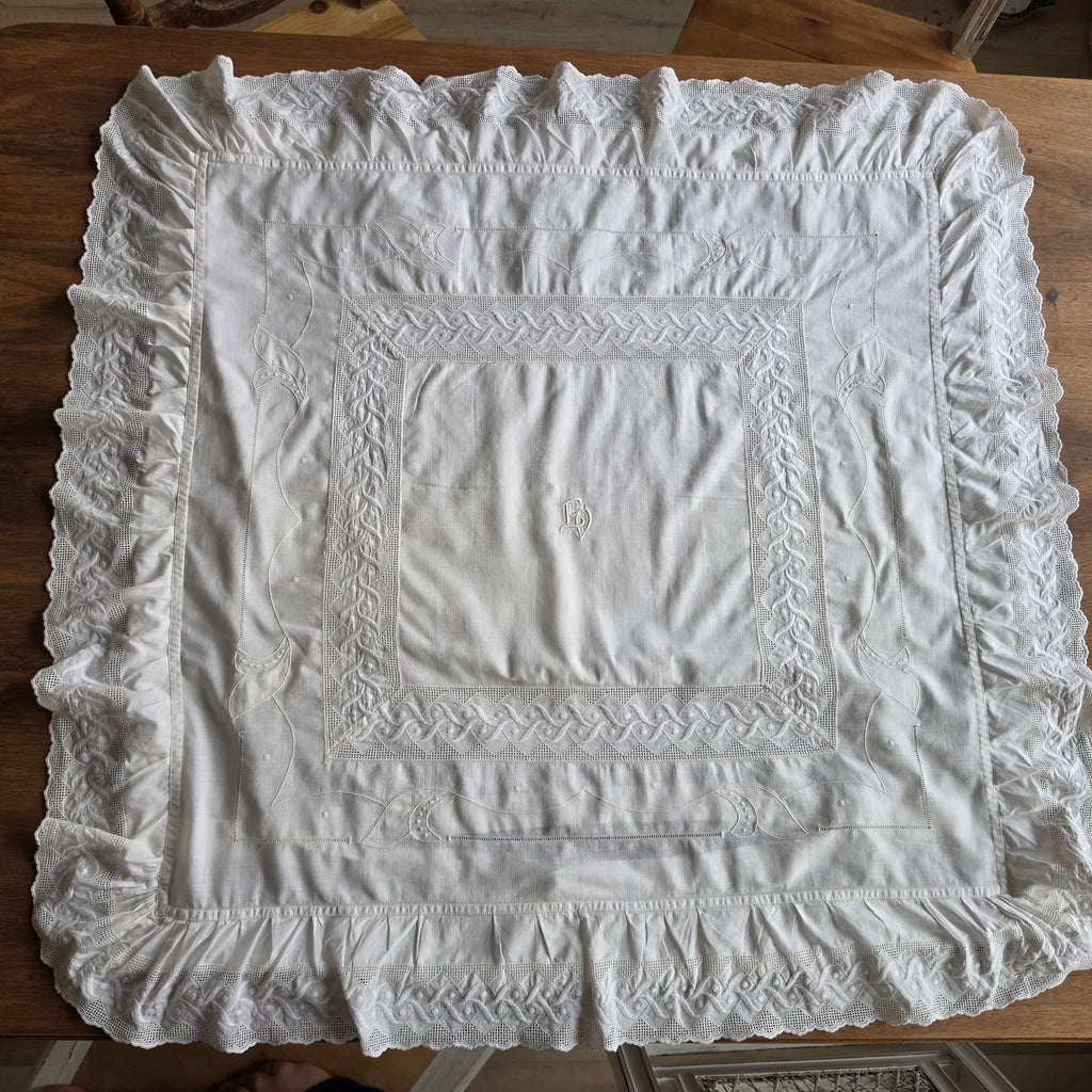 Antiker Paradekissen-Bezug - Monogramm E.V. - 70x75cm - Baumwolle - 2x Knöpfe fehlen