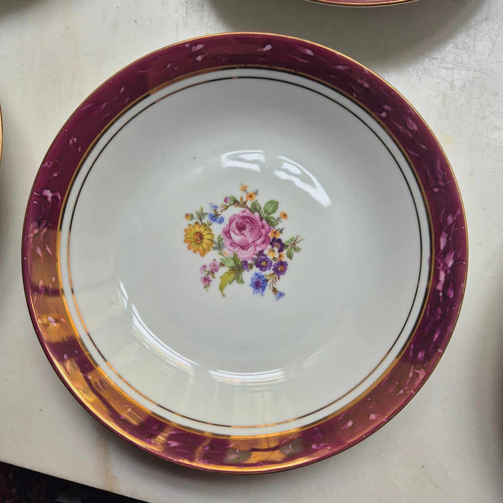 6x Antike tiefe Speiseteller Blumendekor weiß mit lila Goldrand