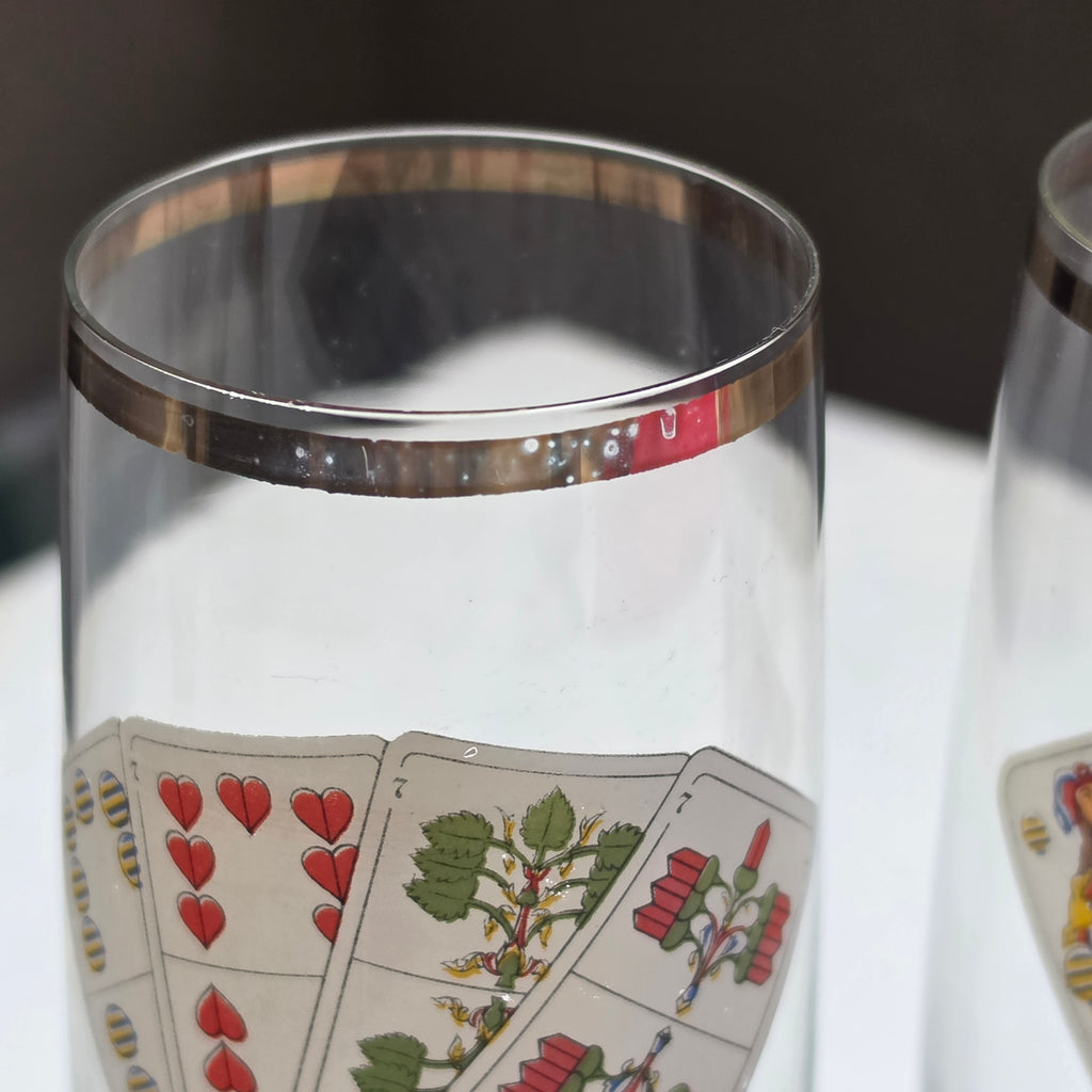 5x Vintage Sektgläser - Aperitifgläser mit Spielkarten-Motiv & Goldrand