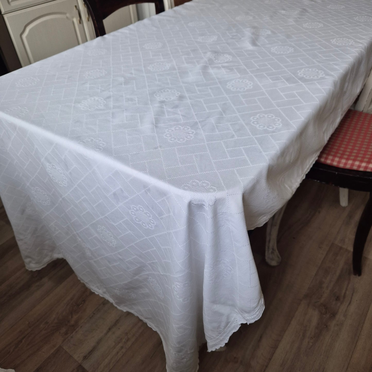 Antike große Tischdecke Baumwolle mit geklöppeltem Rand weiß 120x335cm Tafel lang 🤍