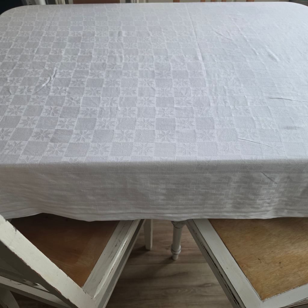 Antike Damast-Tischdecke 135x175cm - weiß - Monogramm M.S.