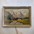 Antikes Ölgemälde „Alpenlandschaft mit Bergdorf & Bachlauf“ im rustikalen Vintage-Holzrahmen